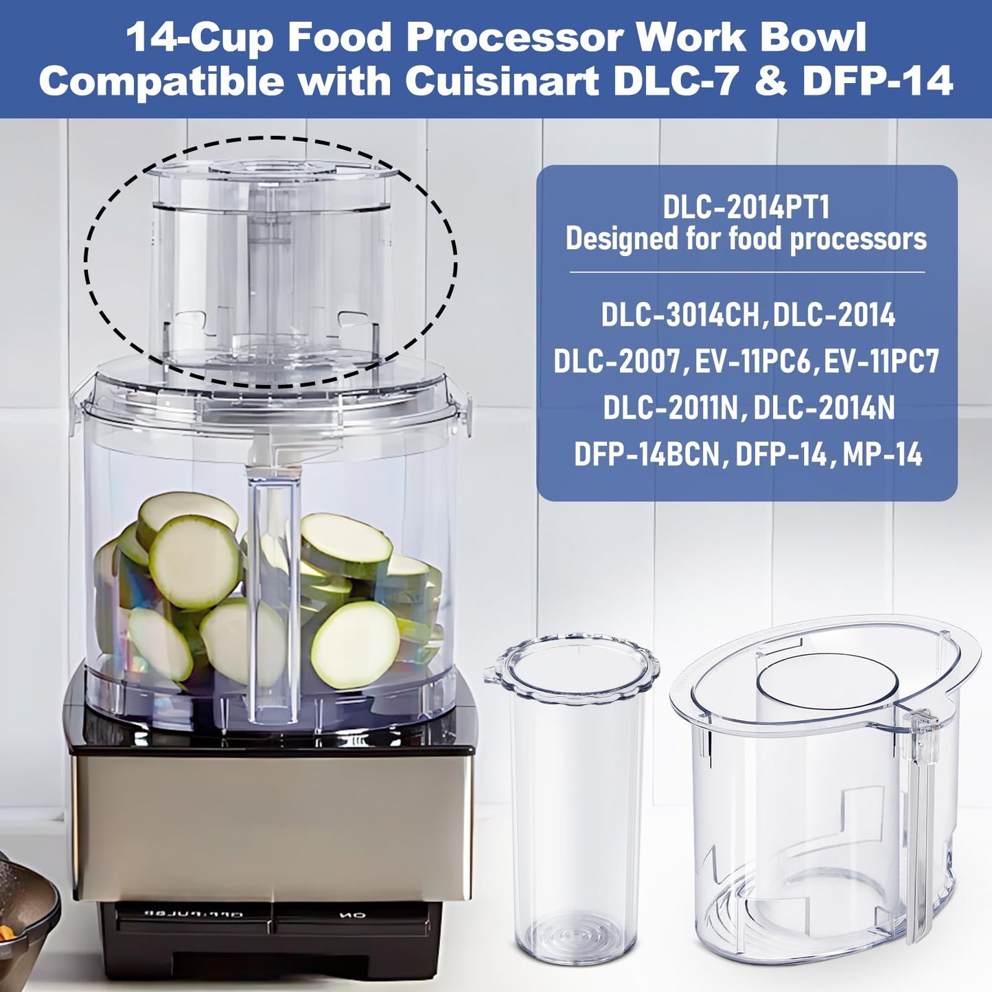 14-cup Large Pusher DLC-2014PT1 and Small Pusher DLC-2014SPT1-1, Compatible 4 Locking Tabs DLC-005AGTXT1 Bowl and DFP-14NWBCT1X Cover, Food Processor Parts Replacement Fits DFP-14 DLC-2014
