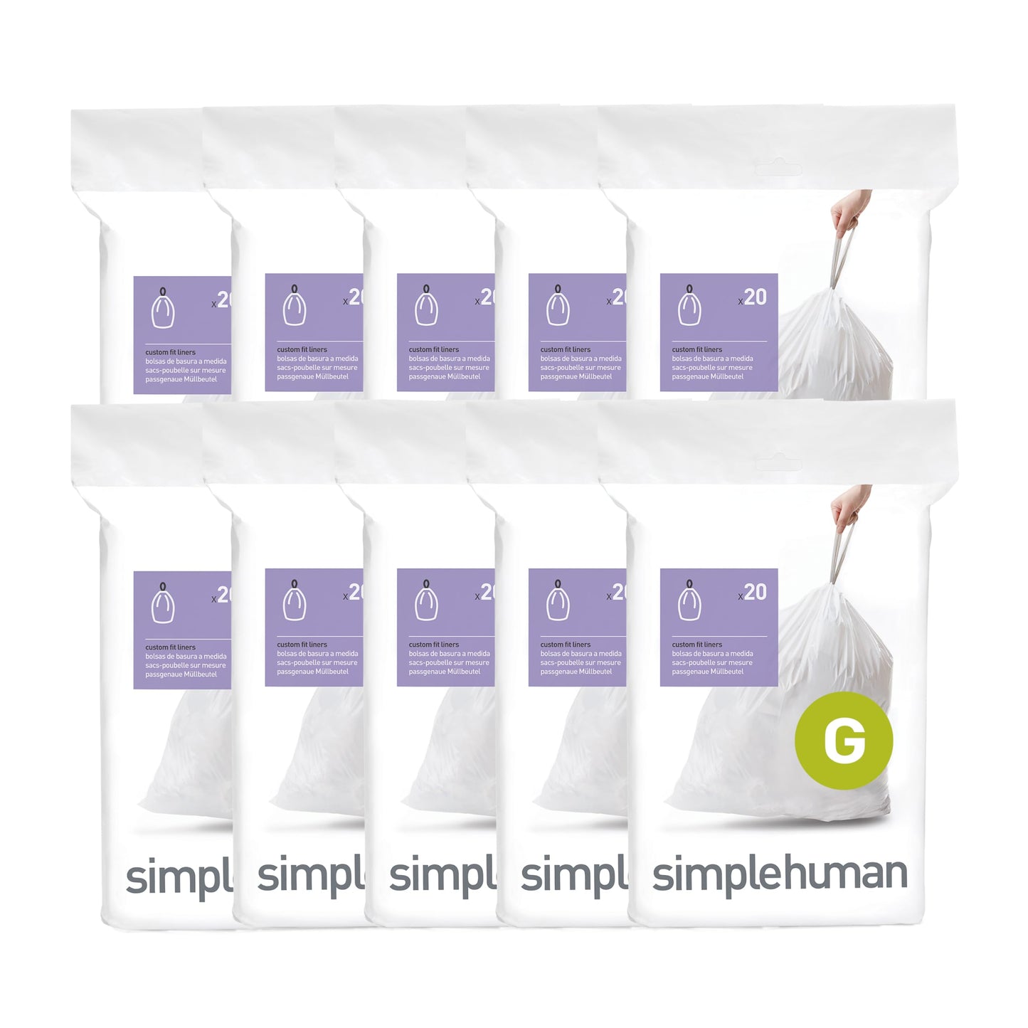 simplehuman Code G 200 Count Custom Fit Liners, Drawstring Kitchen Trash Bags, One-by-One Mess-Free Dispense, Extra Thick & Double Seamed, 50% PCR Plastic, 30 Liter / 8 Gallon, White