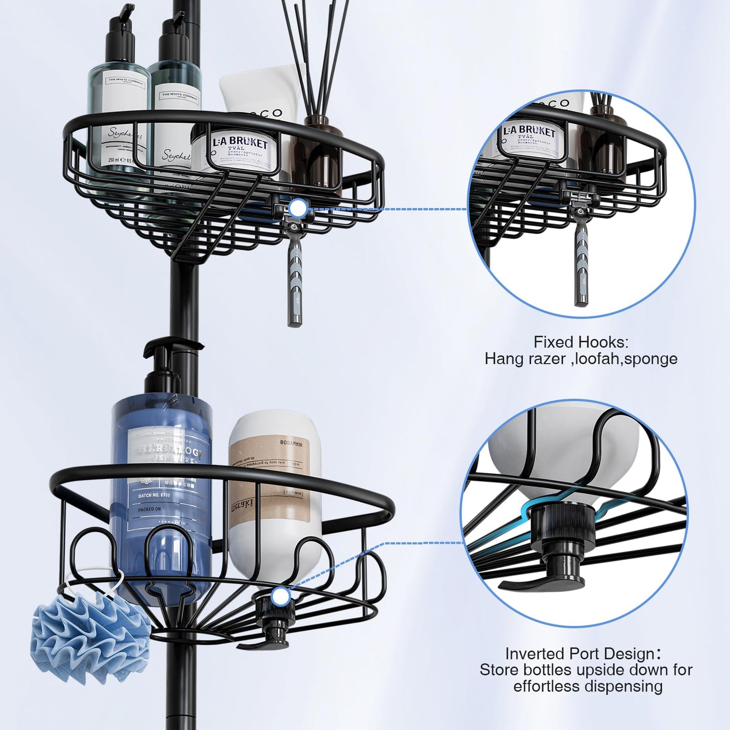 Corner Shower Caddy Tension Pole: Stainless Steel Rustproof 4-Tier Shower Organizer - 47-121 inch Adjustable Bathroom Shelves for Bathtub Shampoo Storage - Tension Rod Floor Standing Bath Rack - Black