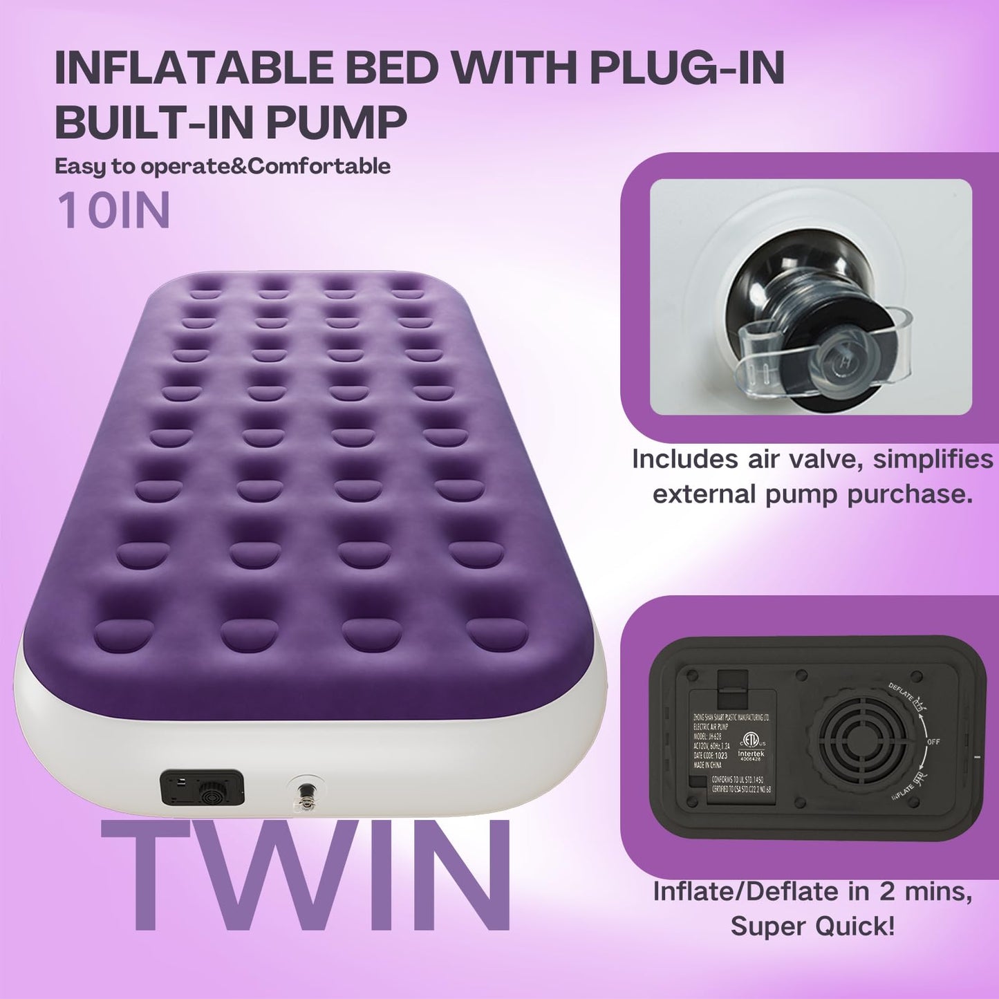 HikerSKY Twin Air Mattress with Built in Pump,10" Blow up Air Bed, 2 Mins Quick Self-Inflation/Deflation, Foldable Inflatable Mattress for Home/Travel, 10'' Twin Purple