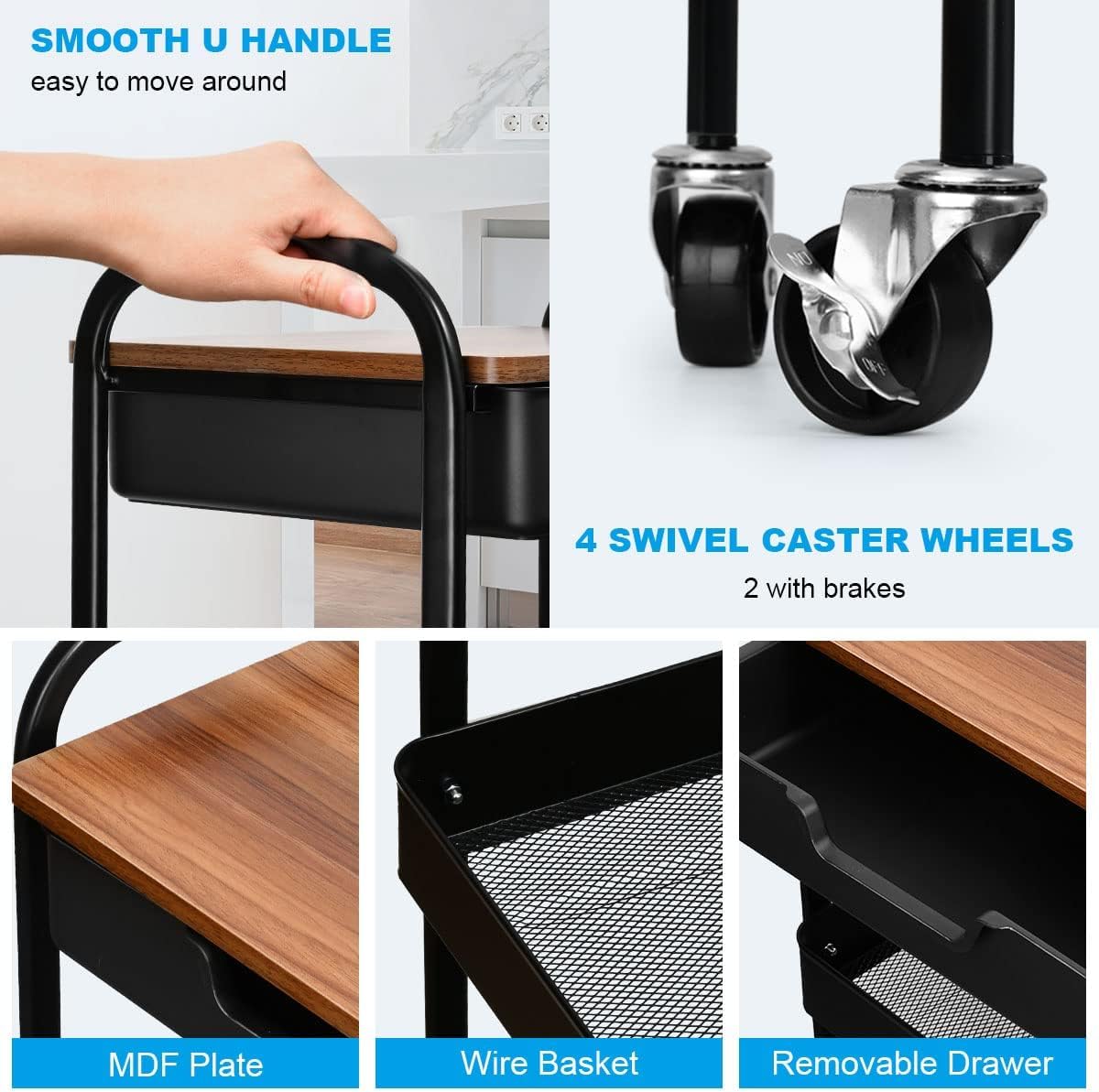 Aratan 3 Tier Rolling Cart with Drawer, Metal Utility Cart on Wheels Storage Cart with Wood Top, Kitchen Cart Art Cart Organizer for Bathroom Office Balcony Living Room