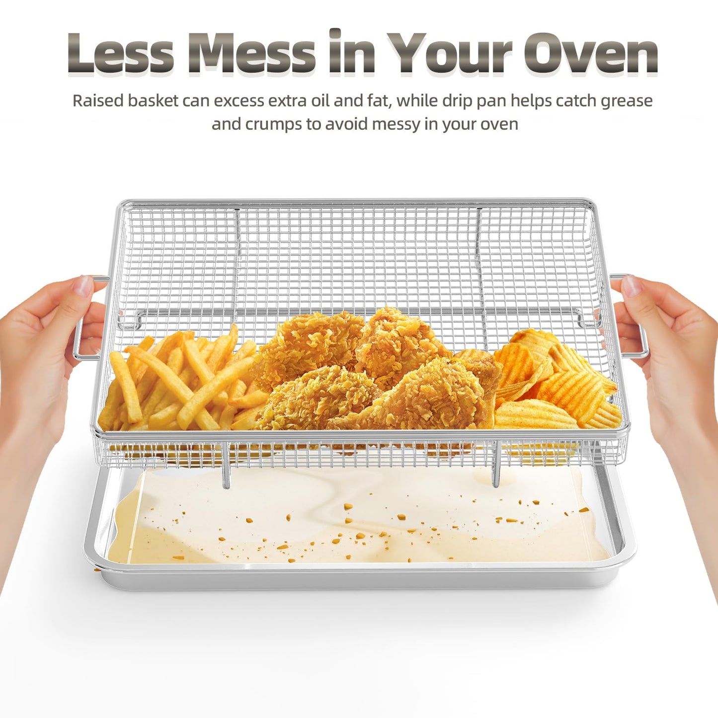 Air Fryer Basket for Oven, 25% Thicker, OPENICE 2 Set Oven Air Fryer Basket and Tray with Magnetic Cheat Sheet, Stainless Steel Air Fryer Pans and Crisper Tray for Convention