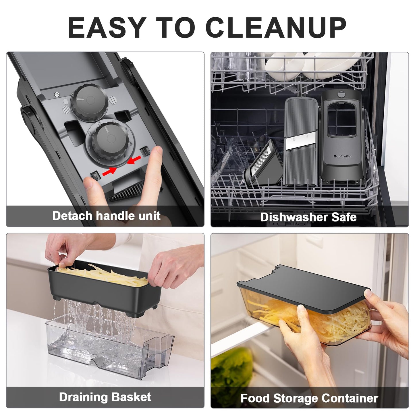SupMaKin 2026 Upgrade Safe Mandoline Slicer,Multi Vegetable Chopper,Potato Slicer, Onion Chopper with Drain Basket Storage Container, Cheese Grater Kitchen Chopping Artifact (Black)