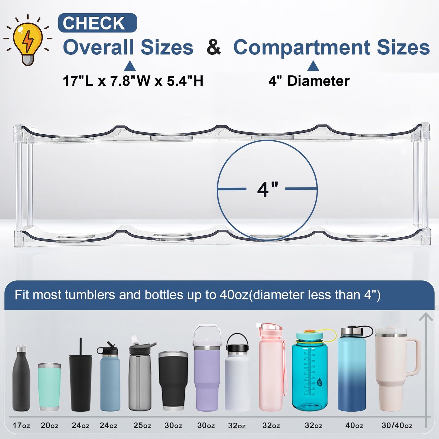LARGER Compartment - 4 Tier Stackable Water Bottle Organizer Holder - for Stanley 40oz & Others' Large Tumbler - Clear Wine Rack, 16 Cup Bottle Holder for Cabinet Home Countertop Fridge Pantry Shelf