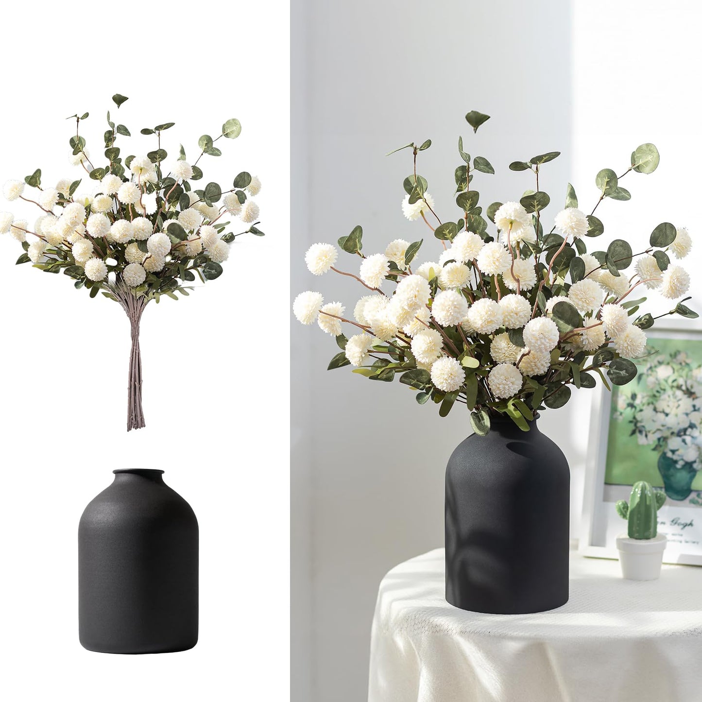 BLOSMON Fake Flowers in Vase for Centerpieces: Metal Vase with 12 Stems of Artificial Mums Kiku Flowers Eucalyptuses Dining Table Decor - White Faux Silk Pom Poms Floral Arrangements for Home Indoor