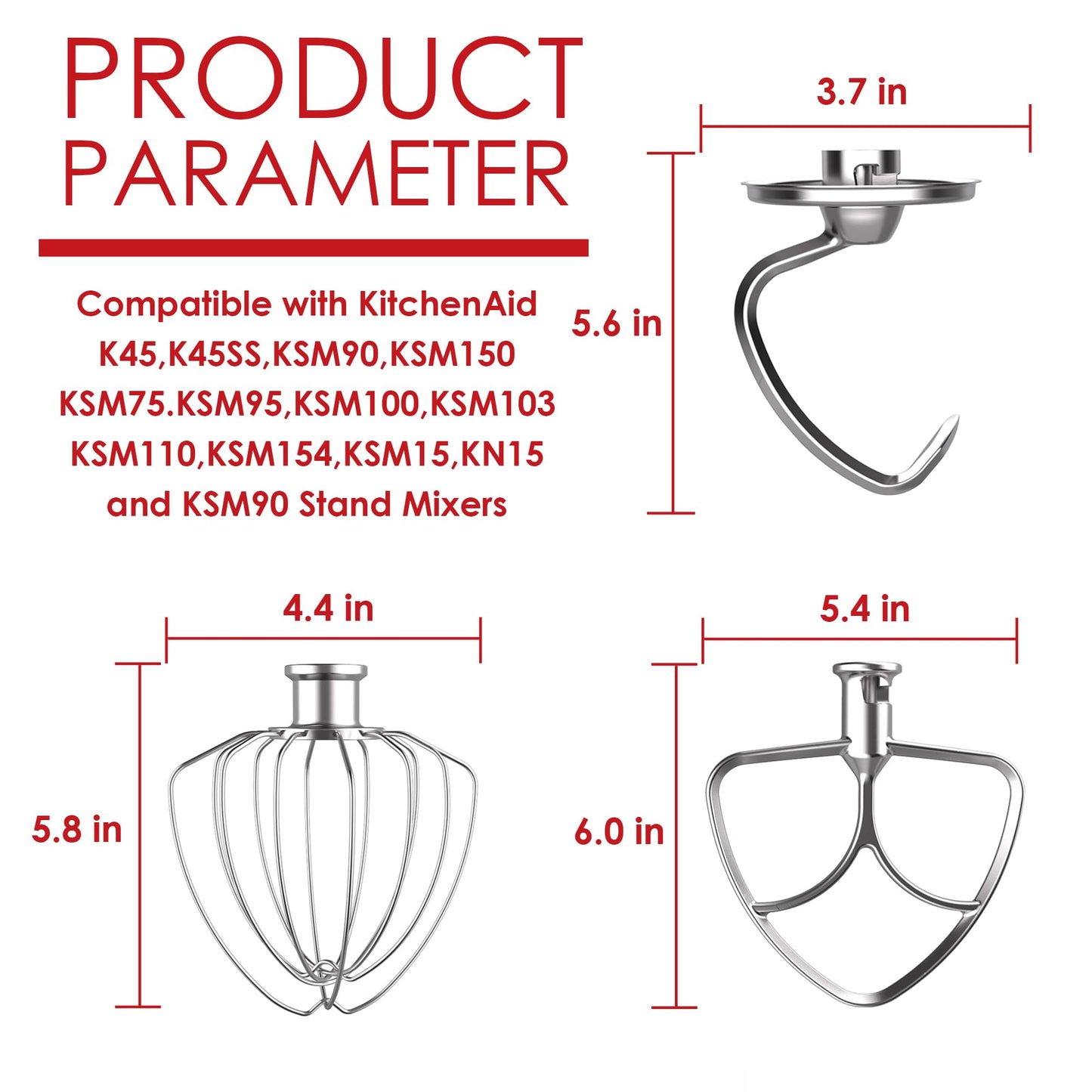 Ezato 3-Piece Stainless Steel Mixer Attachment Kit for KitchenAid 4.5/5 QT Tilt-Head Mixers, K45WW Wire Whip, K45DH Dough Hook & K45B Coated Flat Beater, Baking Essentials Set, Dishwasher Safe