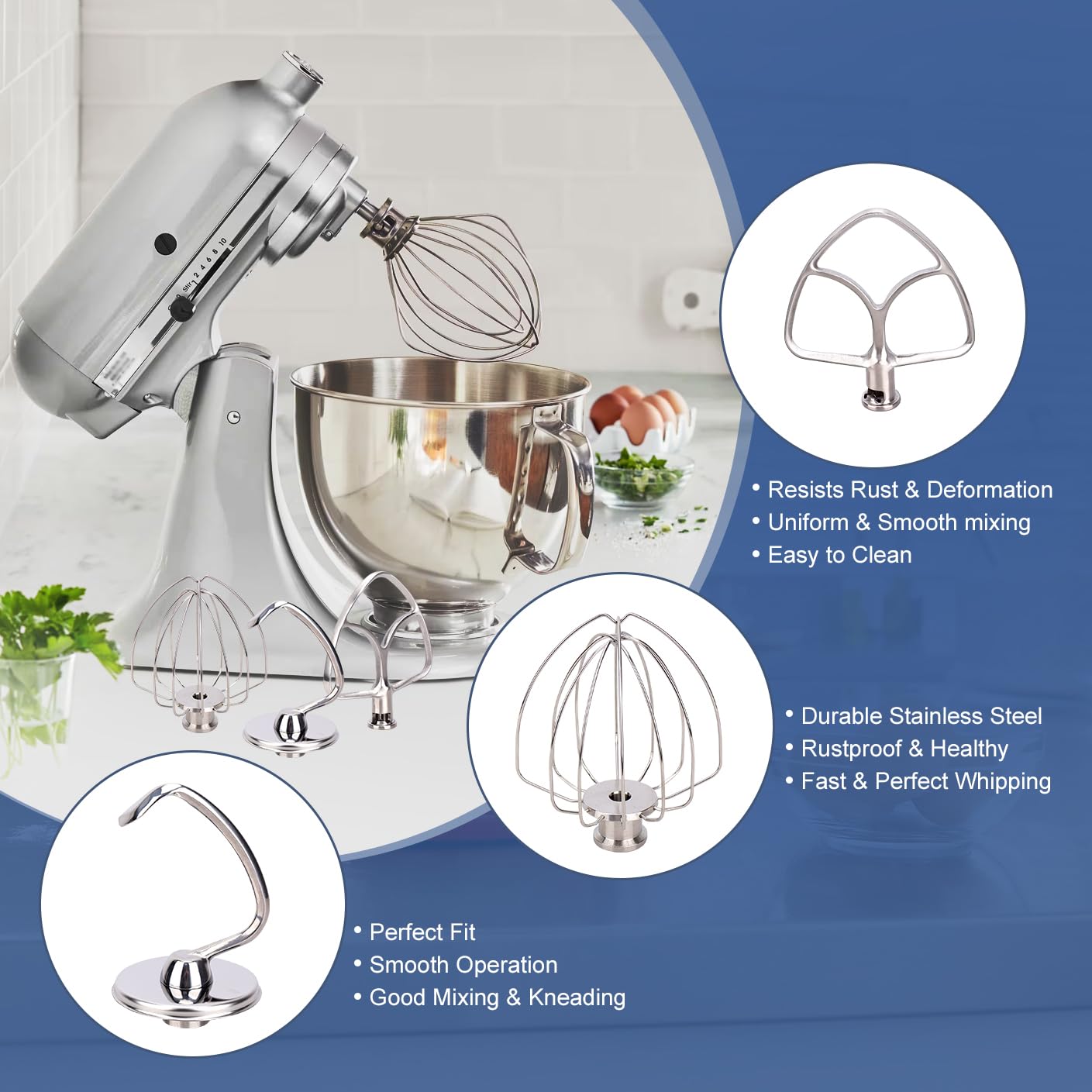 4.5-5 Qt Stand Mixer Attachments for Kitchenaid K45DH Dough Hook K45B Flat Beater K45WW Wire Whip Whisk Kitchen Aid Accessories for KitchenAid 4.5-5 Qt Tilt-Head Stand Mixers,Stainless Steel