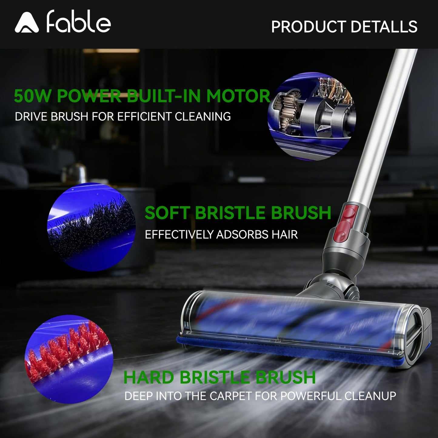 Adaptable Upgrade Anti-Tangle Quick-Release Motorhead Brush Roller Replacement, Compatible with Dyson V7 Head, V8 Head, V11 Head and Other V10 V15 Cordless Vacuum Attachments with LED Green Light