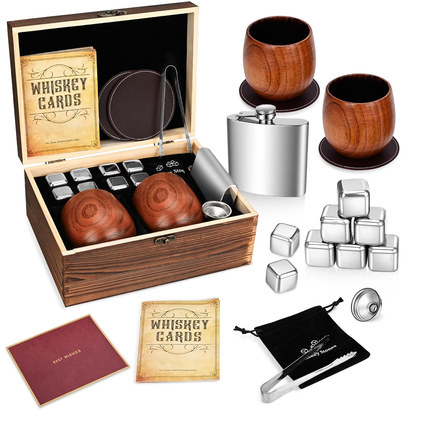 Solunvia Charred Wooden Bourbon Drinking Glass Wooden Whiskey Glasses Set of 2 17-Piece Complete Whiskey Gift Set Old Fashioned Glass Bourbon Gifts for Men Dad, Husband, Brother (Silver Accents)