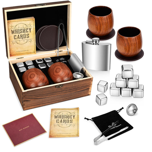 Solunvia Charred Wooden Bourbon Drinking Glass Wooden Whiskey Glasses Set of 2 17-Piece Complete Whiskey Gift Set Old Fashioned Glass Bourbon Gifts for Men Dad, Husband, Brother (Silver Accents)