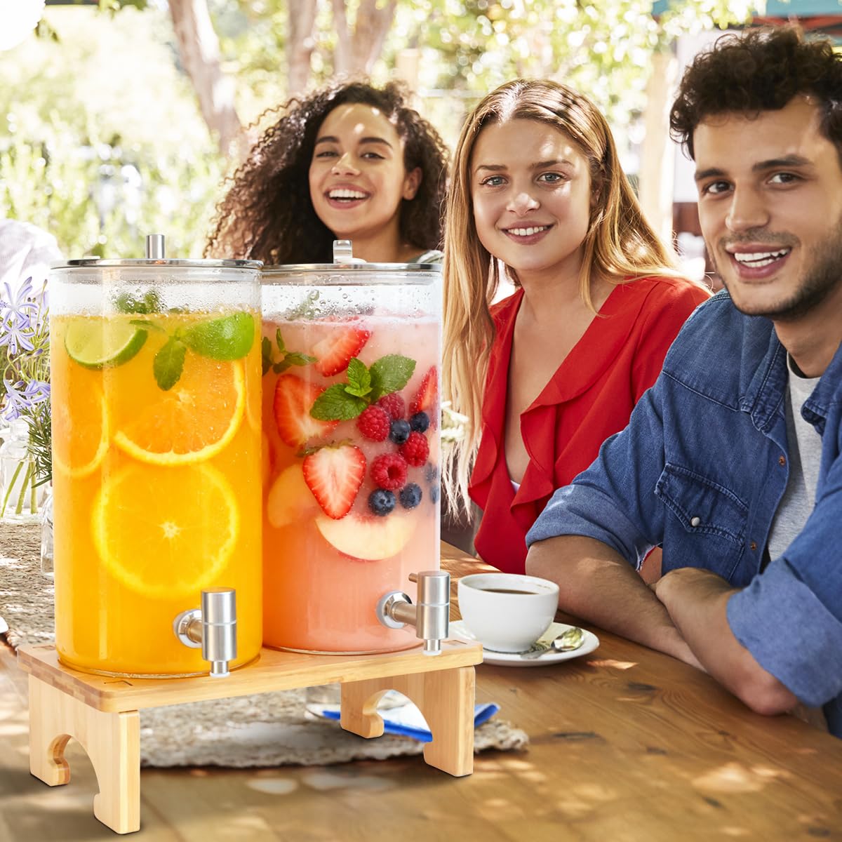 2 Pack 1.5 Gallon Drink dispenser with Stand，Glass Beverage Dispenser With Wood Stand, 18/8 Stainless Steel Spigot and Labels Large Water Drink Dispensers for Parties, Lemonade,Juice, Tea