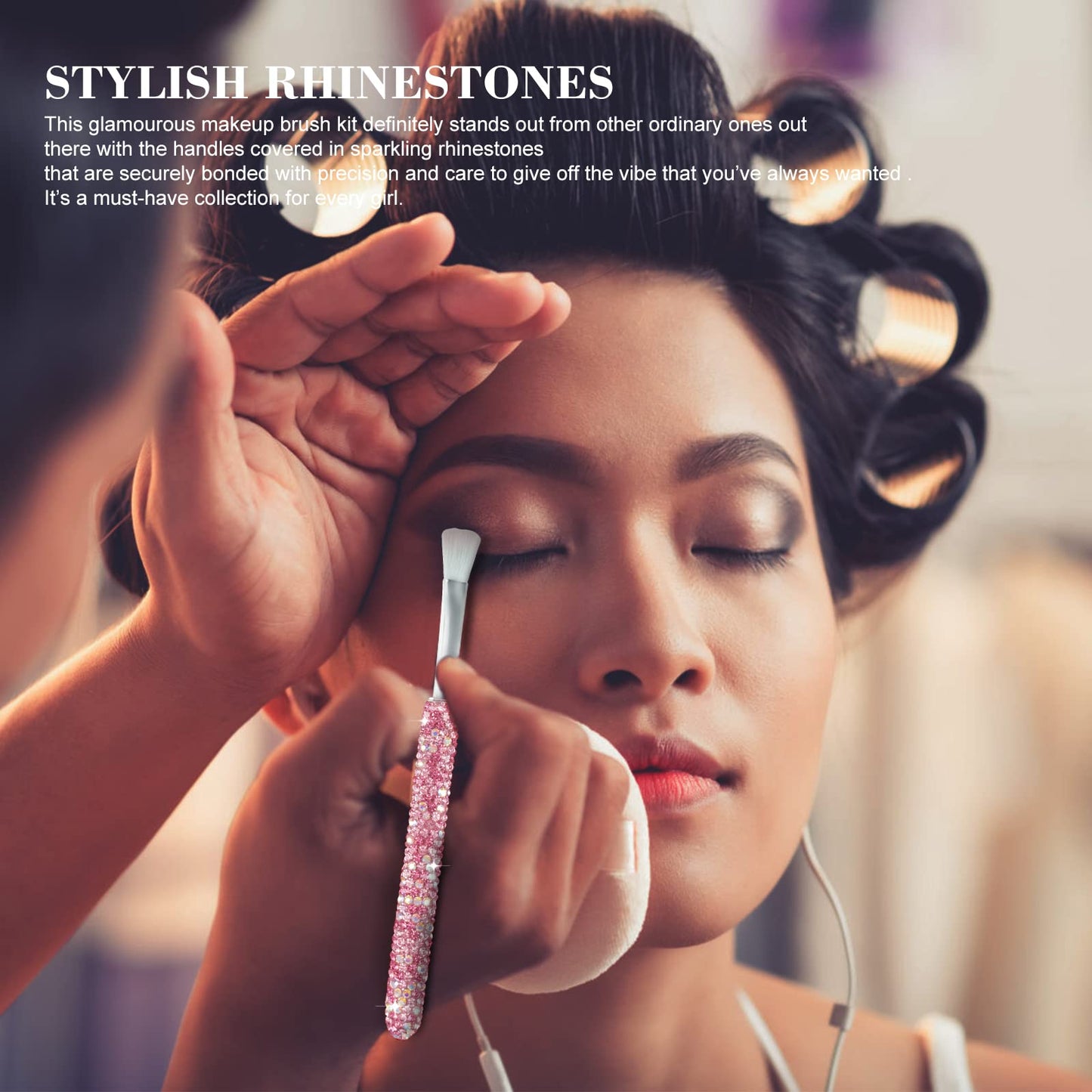 Makeup Brushes Bling Crystal Professional Face Cosmetics Blending Liquid Foundation Powder Concealer Eye Shadows Make Up Beauty Tool Glitter(12PCS) (Purely Handmade)(Pink)