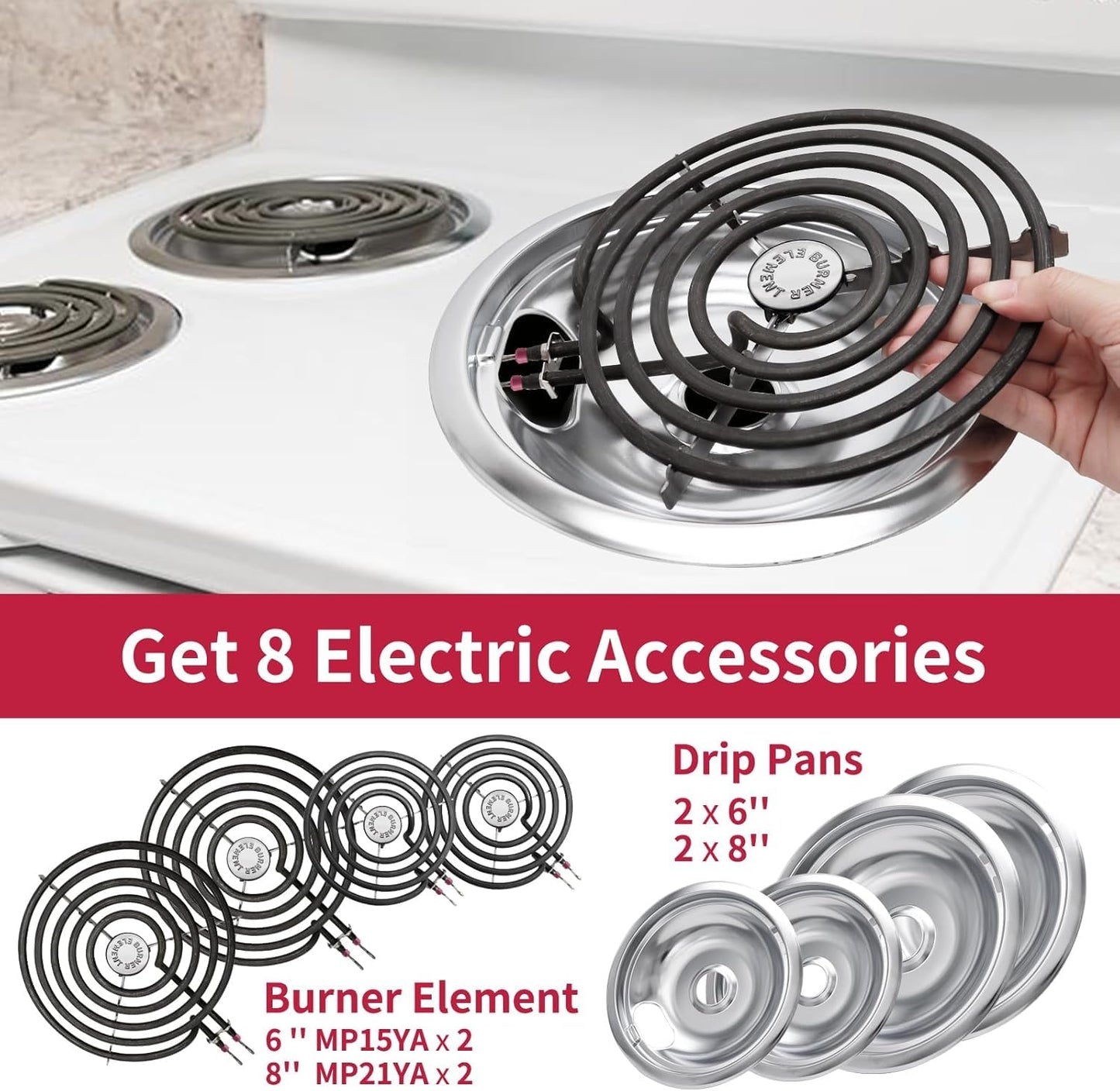 COZZIVITA MP22YA Electric Stove Burner Element Replacement Set & W10290350 W10290353 4 Pack Silver Drip Pans - Perfectly Fit Whirlpool Electric Range Stove Top