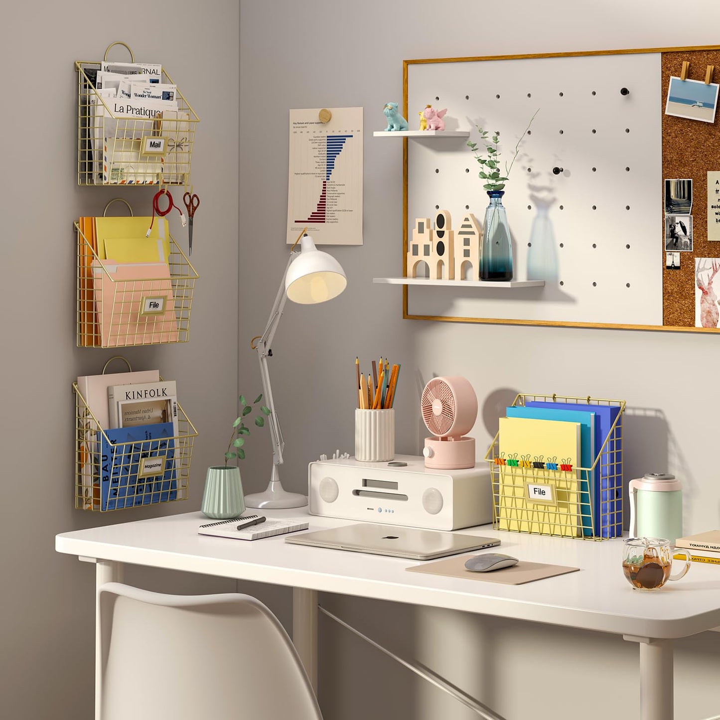 Yuzehuaza Wall File Organizer Mesh Hanging Wall Files Holder,Magazine Rack and Mail Basket with Hooks, Office Wall Organizer for Papers Folders Files Clipboard 4 Packs, Gold(Patent Pending)