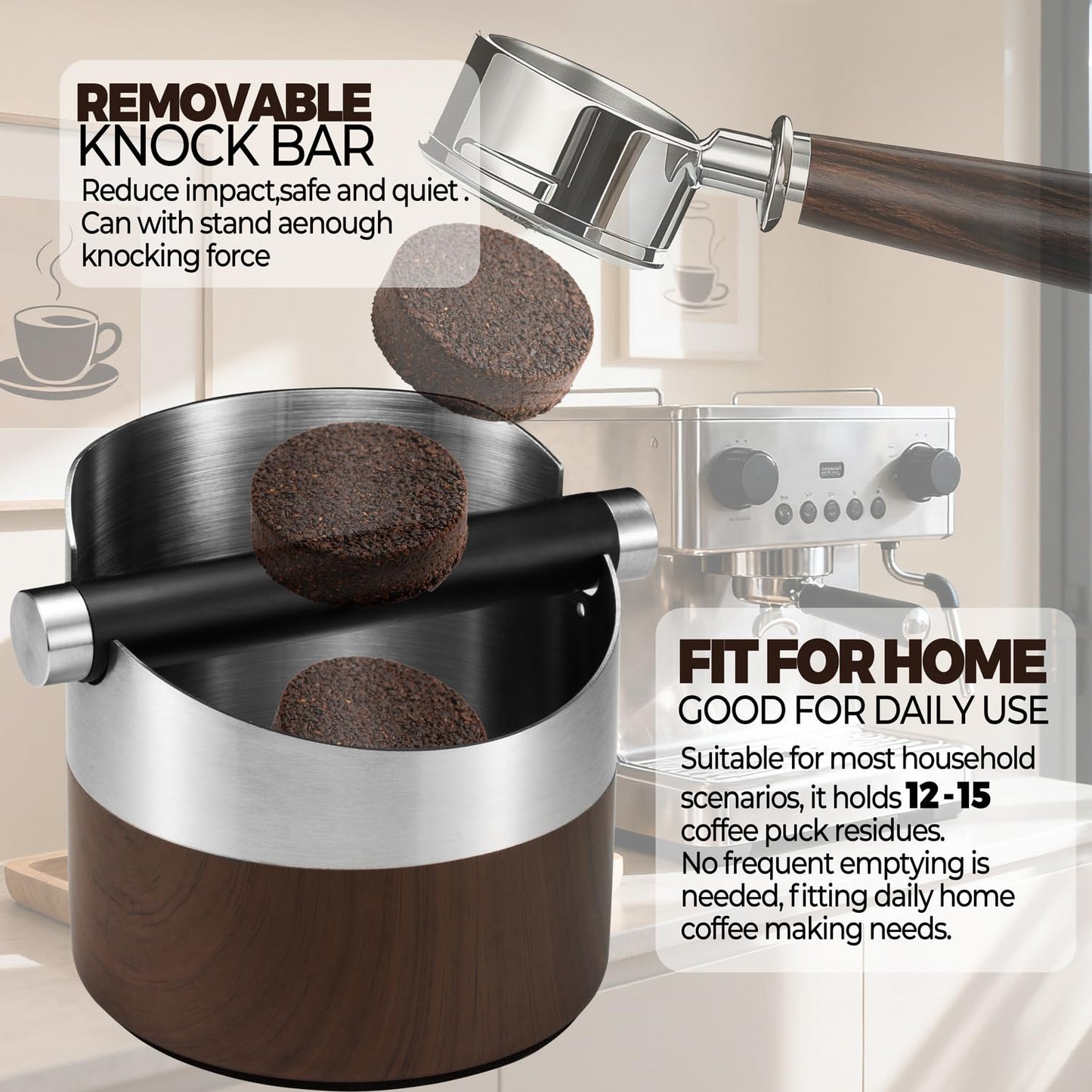 MUTEX Espresso Knock Box, Stainless Steel Coffee Grounds Knock Box with Removable Knock Bar, Non-Slip Rubber Base & Wood Bin - Dishwasher Safe Espresso Machine Accessory (2026 Version)