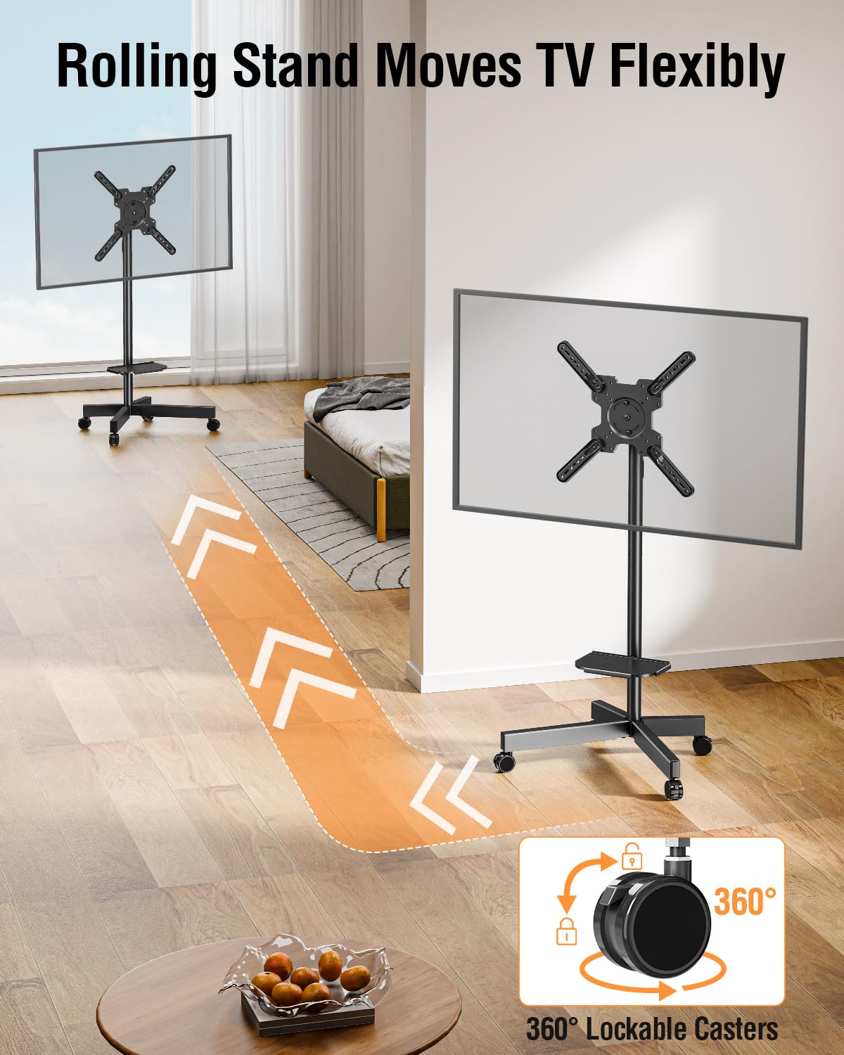 ELIVED Rolling TV Stand for Most 23"-60" TVs, Mobile TV Cart 90° Rotation Landscape to Portrait, Height Adjustable Floor TV Stand with Extendable Base, Max VESA 400x400mm, Up to 77 Lbs