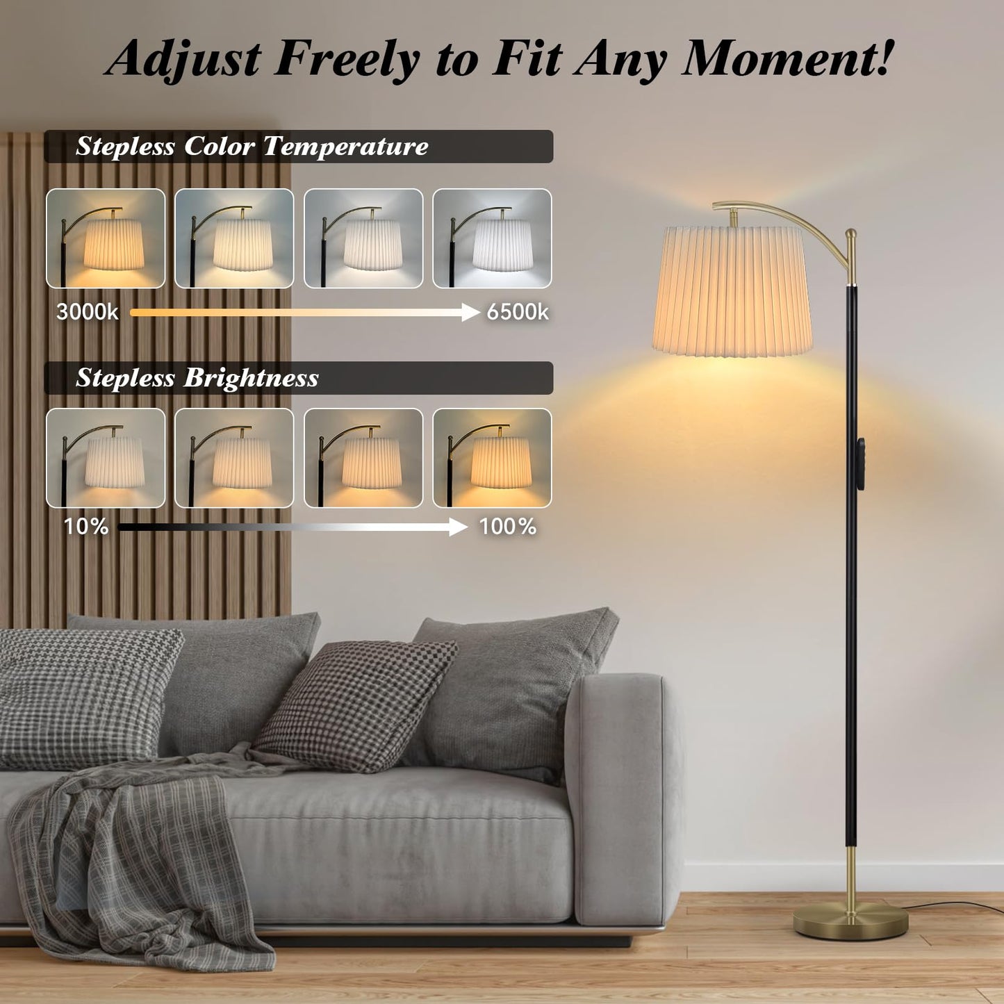Etto Modern Dimmable Floor Lamp with Fabric & Pleated Shades, Remote & Touch Control, Adjustable Brightness & Color Temperatures, Tall Standing Lamp for Living Room Bedroom Office (Black Gold)