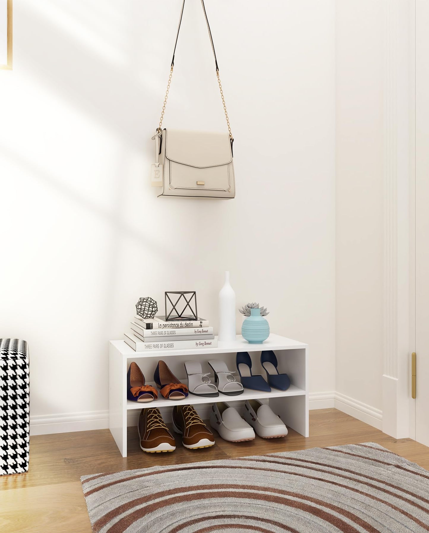 LOWOSA 2-Tier Stackable White Shoe Rack, Wooden 2-Shelf Shoe Organizer Freestanding Shoe Storage Stand for 6-9 Pairs, Perfect for Closet, Entryway, Office Use - Modern White