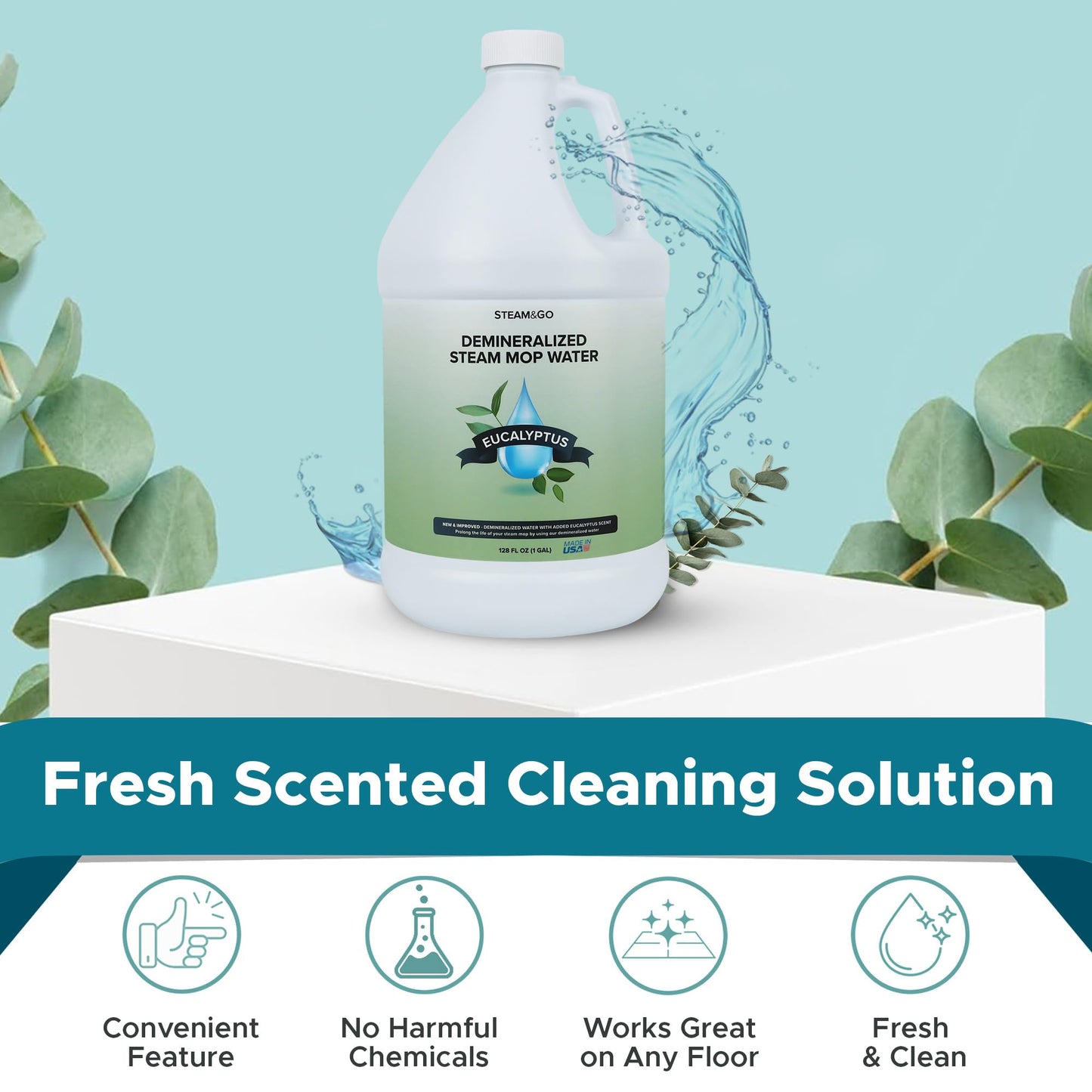 Steam & Go Demineralized Water - Multi-Surface Cleaning Solution for Steam Mop, Ready-to-Use Floor Cleaner, No PVC, Ideal for Home & Office, Compatible w/Any Mop - Eucalyptus Mint, 128oz, Pack of 1