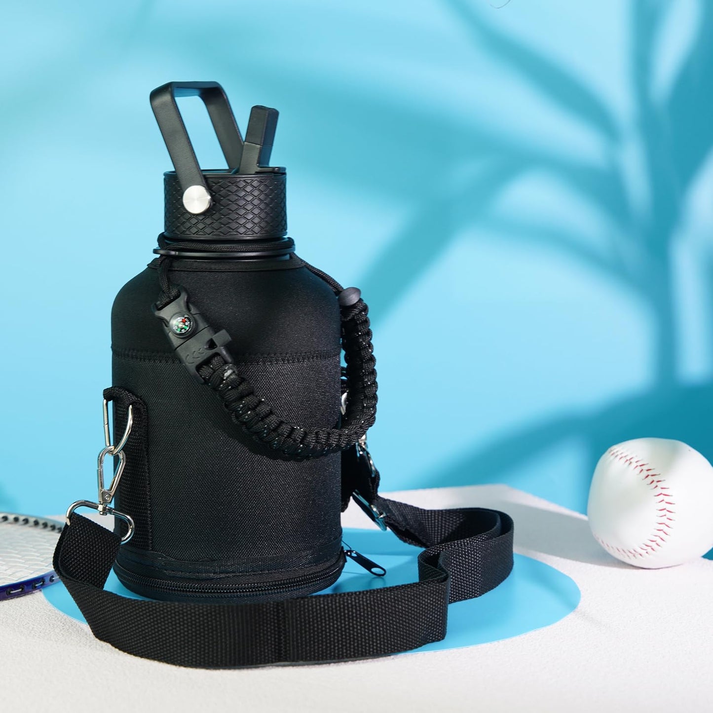 Konokyo Gallon Insulated Water Bottle with Straw,128 oz 3 Lids Water Jug with Carrying Bag,Paracord Handle, Double Wall Vacuum Stainless Steel Metal Flask,Black