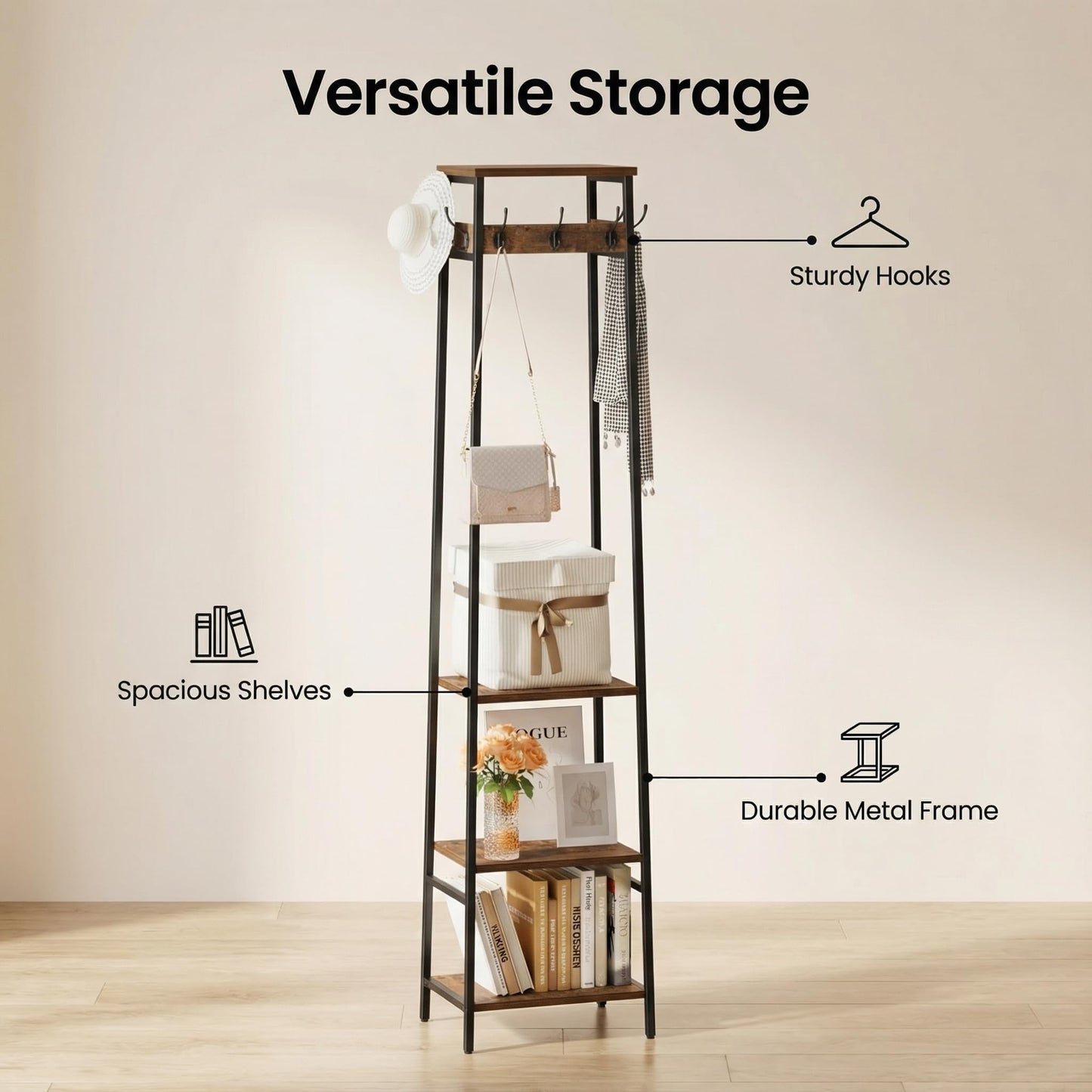 Cerlyunzan Coat Rack Freestanding, Coat Stand with 3 Shelves and 7 Hooks, Hall Tree Free Standing, Clothes Rack Stand Organizer, Industrial Style, Rustic Brown and Black