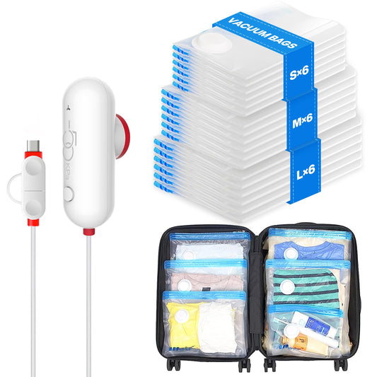 VMstr Vacuum Seal Bags for Clothing Travel, Vacuum Storage Bags with USB Electric Pump, Compression Space Saver for Luggage Suitcase 18 Combo Bags + USB Pump