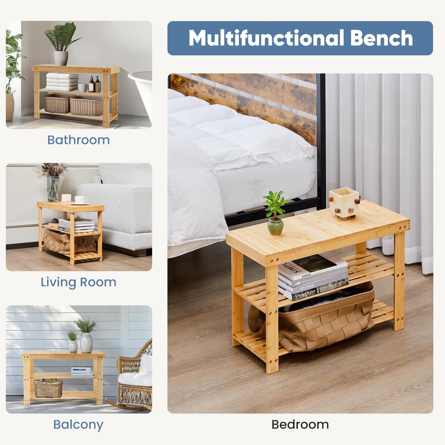 NEWBULIG Shoe Rack Bench, 3-Tier Bamboo Shoe Organizer, Wooden Entryway Storage Bench, 286 lb Load Capacity, 11.2x27.6x17.9 Inches, for Entryway Bathroom Bedroom Balcony, Wood