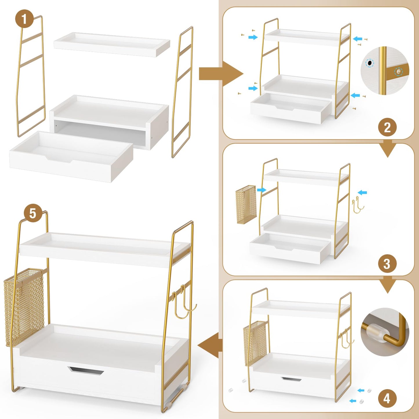 ROPALINS 2-Tier Bathroom Counter Organizer with Drawer and Removable Basket, Wood Vanity Countertop Storage for Perfume, Makeup, Skincare, Bathroom Counter Shelf, Moisture-Resistant, White Gold