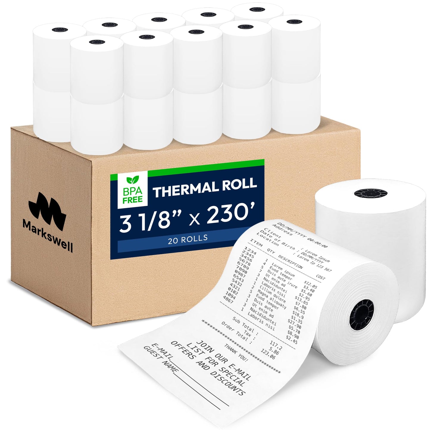 Markswell 3 1/8" x 230' Thermal Paper (20 Rolls) - BPA Free Receipt Paper, 48 GSM Safe Thermal Printer Paper & POS Register Tape