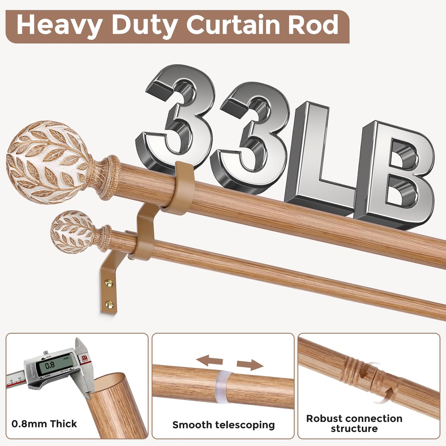 Wood Double Curtain Rod 36-122 Inch, Boho Decorative Long Dual Curtain Rods for Windows, 1" Adjustable Heavy Duty Double Rod, Unique Handmade Imitation Wood Grain Leaf Finial Design