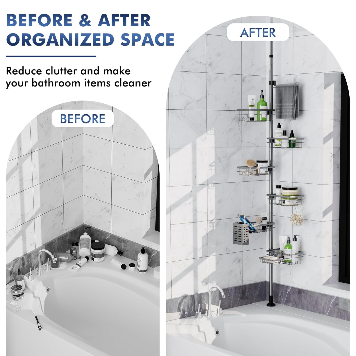 Vatex Corner Shower Caddy Tension Pole,30-120 Inch Adjustable Shower Organizer, 6-Tier Shower Shelves with Towel Rack/Toothbrush Holder/Soap Dish, Bathroom Corner Storage Rust-Resistant
