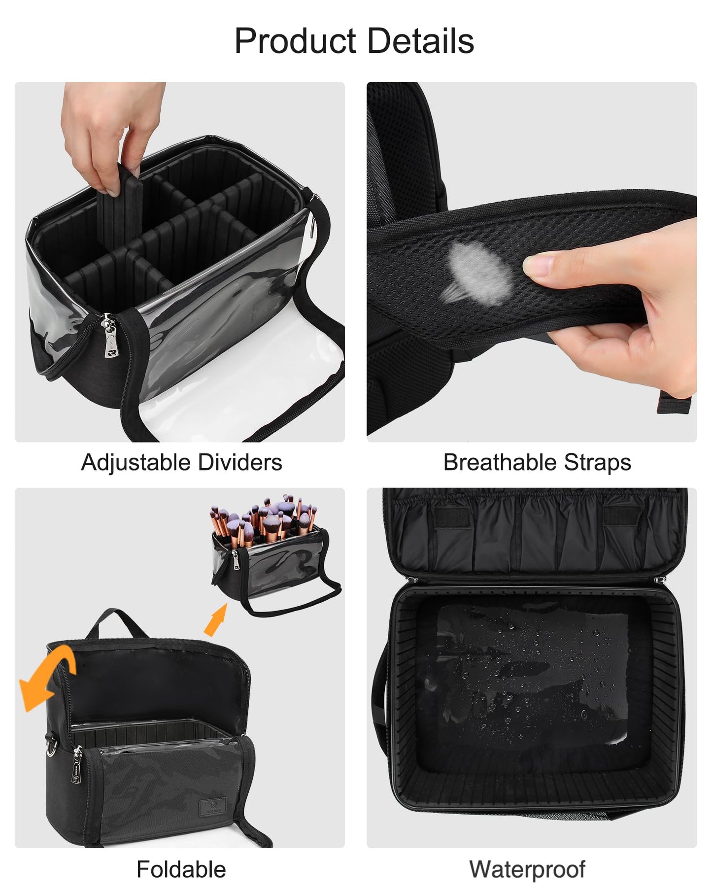 Makeup Backpack Makeup Artist Bag Professional Extra Large Cosmetic Bags Travel Train Case Storage Organizer Double-Layer Cosmetic Case with 4 Pouch and Brush Organizer (Black, two piece)