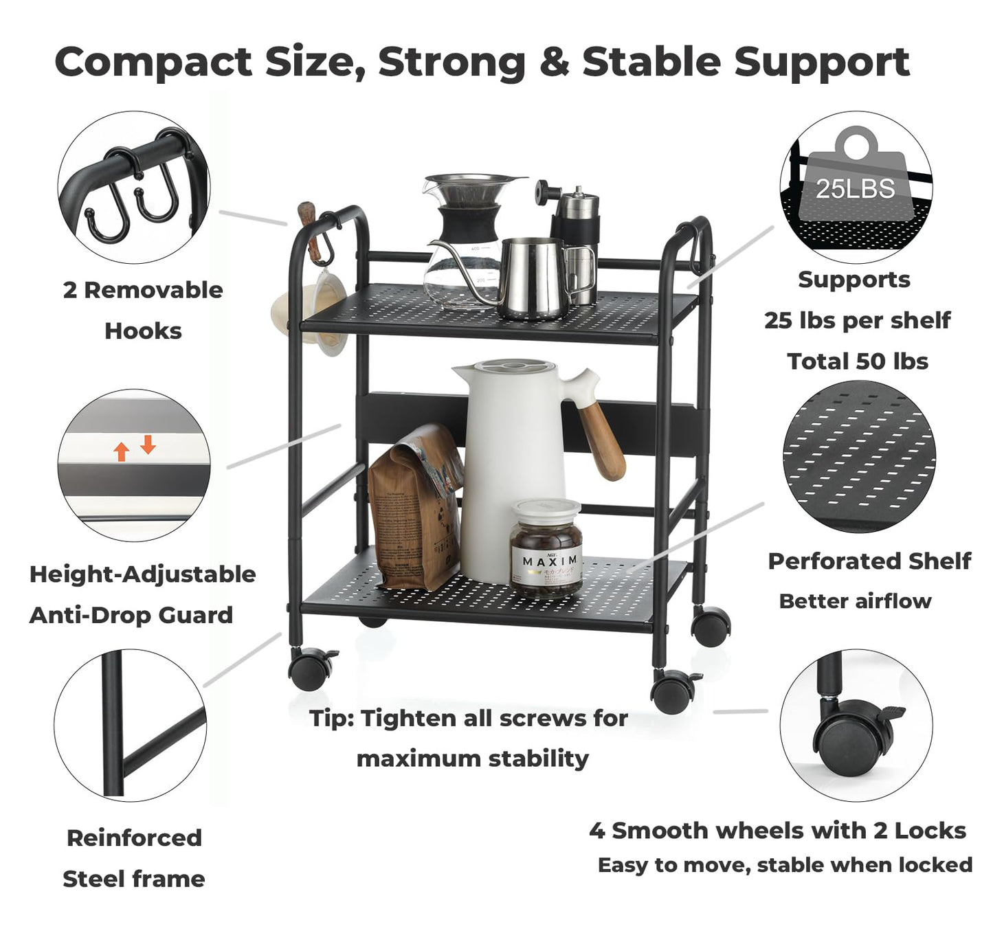 FORSTORAGE 2-Tier Metal Rolling Cart, Under Desk Storage with 12.2" Shelf Clearance, Anti-Drop Guard & Hooks, Compact Utility Cart for Kitchen, Office, Laundry, Bathroom, Pantry, Living Room - Black