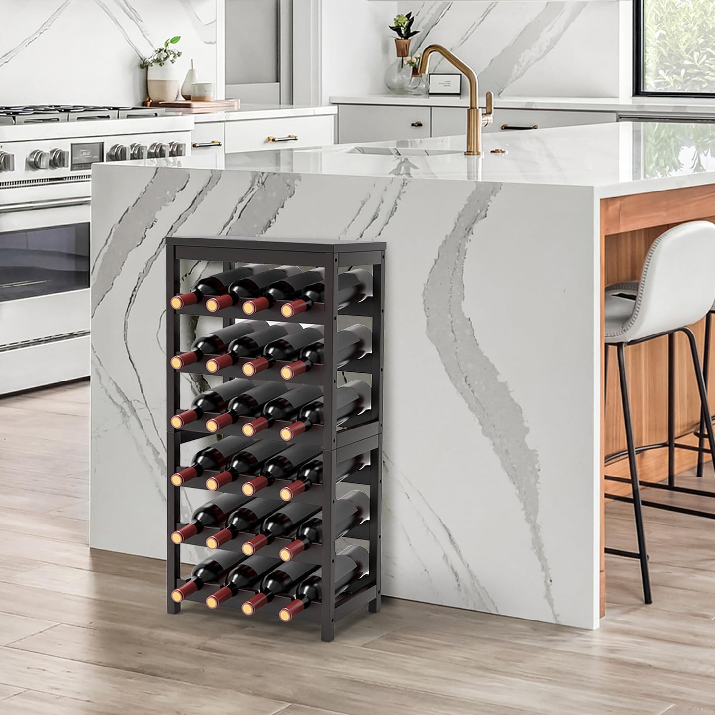WRONWA 24 Botttle Wine Rack Freestanding Floor, 6 Tier Wine Rack Shelf with Table Top, Bamboo Wine Rack, Wine Storage Shelves Kitchen Bar Dining Room Living Room - Dark Brown