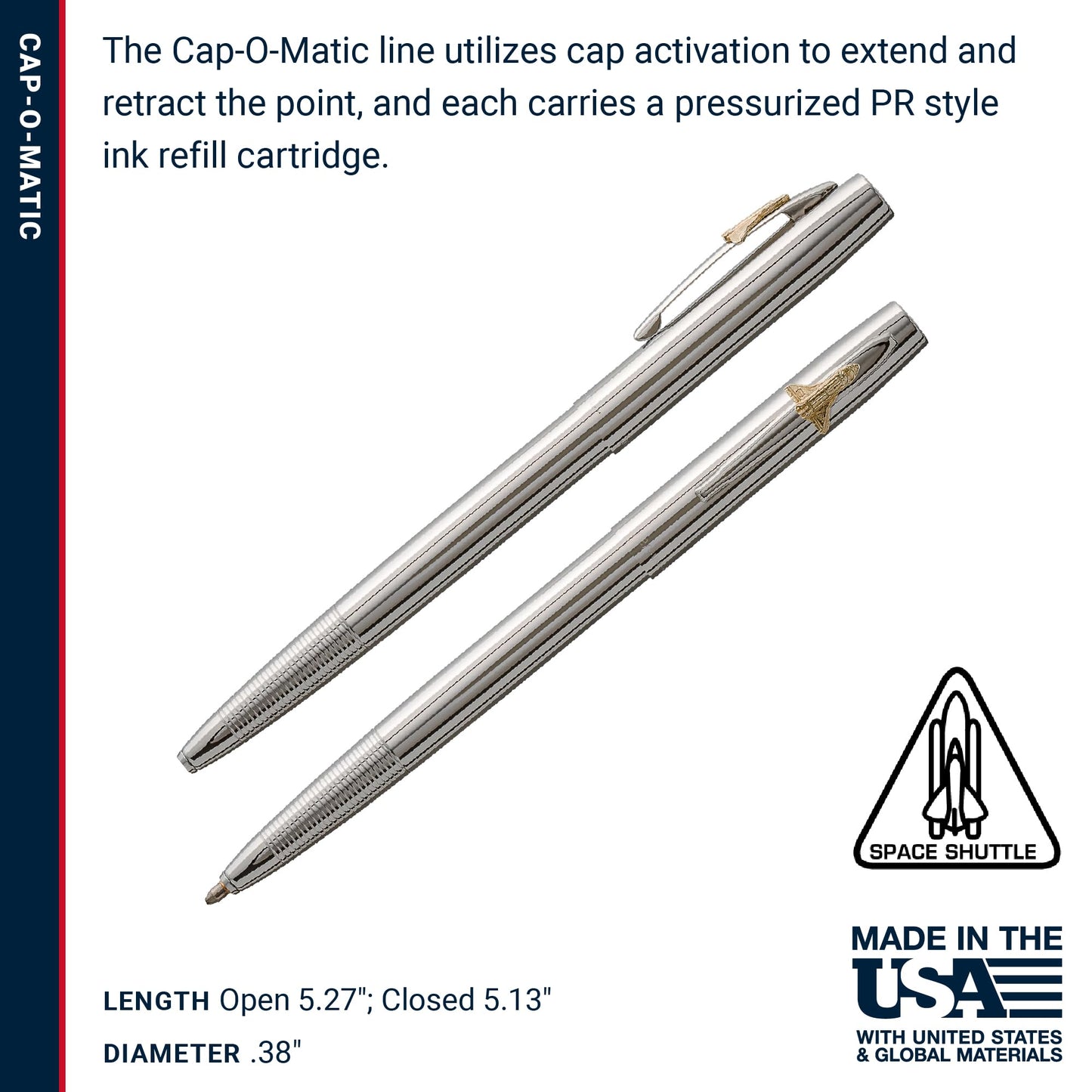 Fisher Space Pen Chrome Shuttle Cap-O-Matic Pen, Pressurized Ballpoint Pen, Writes Upside Down and in Extreme Temperatures, Black Ink, Medium Point, Pocket Clip, Gift Box, Made in the USA