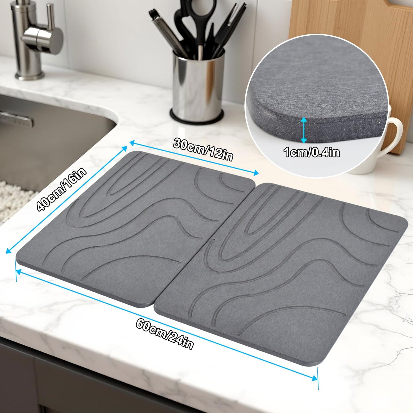 Stone Drying Mat for Kitchen Counter,2 Pack 16''x12'' Quick Dish Drying Stone Mat Kitchen,Double-sided Diatomaceous Earth Stone Drying Mat,No Moisture Residue, Stone Dish Drying Mat (Curved Stripes)