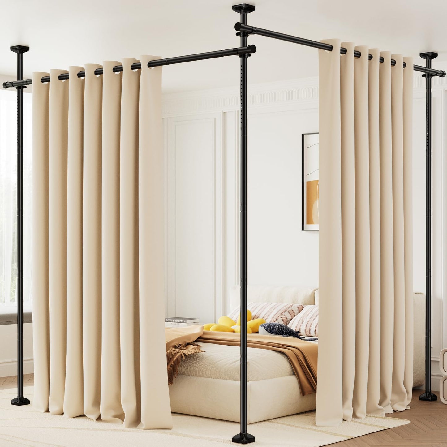 Bonpally Room Divider Curtain Rod, No Drilling Tension Rod for Room Separation, 4-10ft(H) 28-114inch(W) Adjustable Heavy Duty Floor to Ceiling Wall Divider Room Partition Privacy Separator, Black