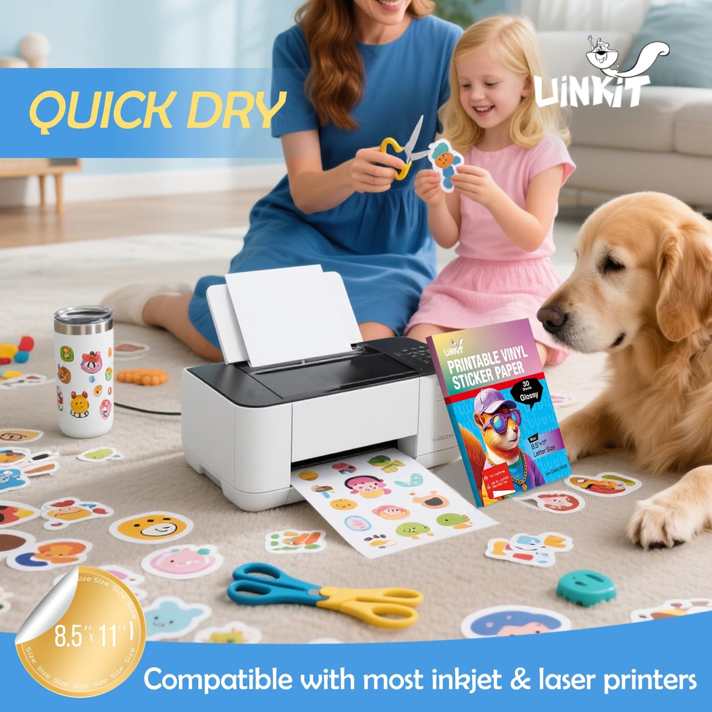 Uinkit 200 Sheets Premium Glossy Printable Vinyl Sticker Paper for Inkjet & Laser Printers - Waterproof, Quickly-Dries for Pet Photos & Kids Crafts, Tear-Resistant Decals (Letter Size 8.5"x11")