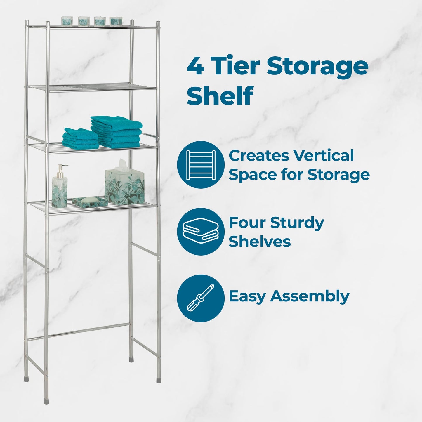 Honey-Can-Do 4-Tier Over-The-Toilet Storage Shelf - Space-Saving Steel Bathroom Restroom Organizer with Neutral Chrome Finish, Ideal for Towels, Toiletries, & Essentials - 24"W x 68"H x 11"D