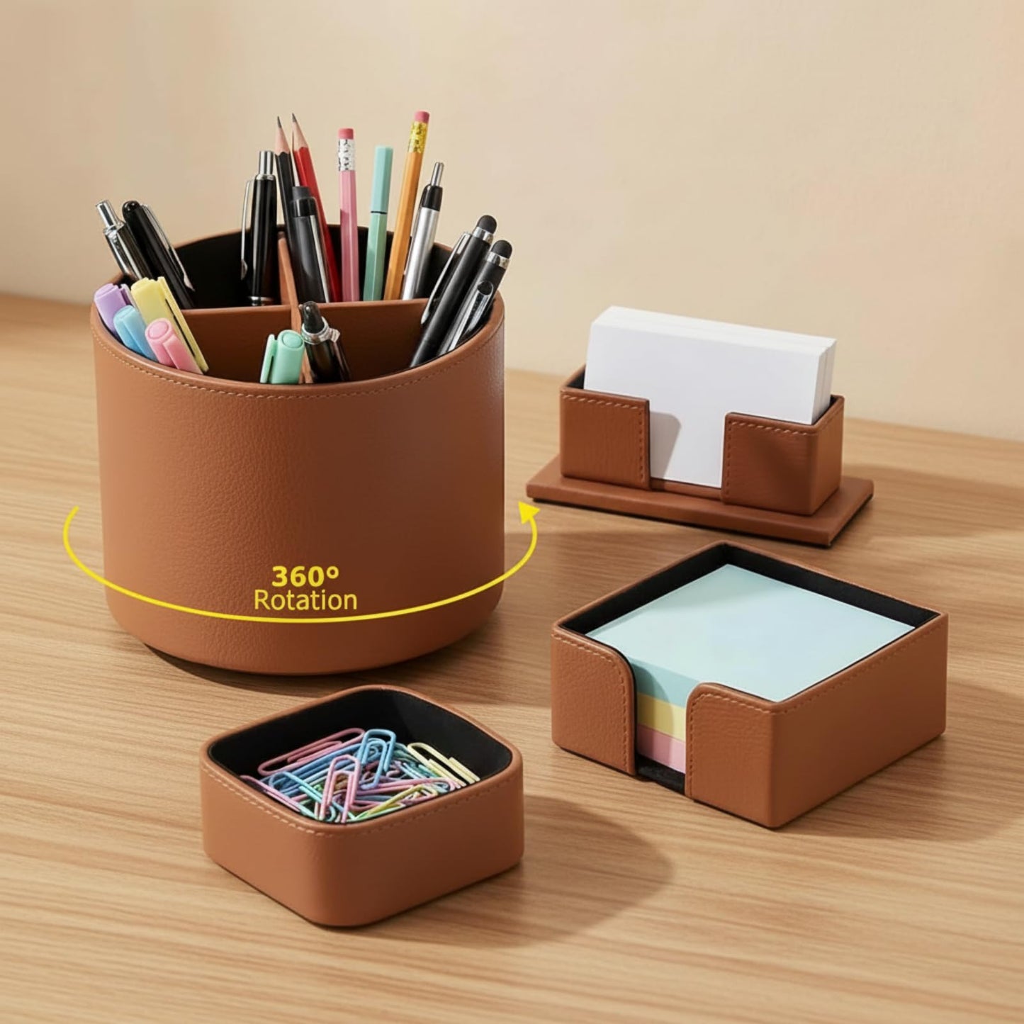 YooNotee 4 Pcs Rotating Leather Pen Holder Organizer Office Desk Accessories Set with Business Card Sticky Note Holder Paperclip Storage Desktop Storage Supply for Teacher Back to School Gift(Brown)