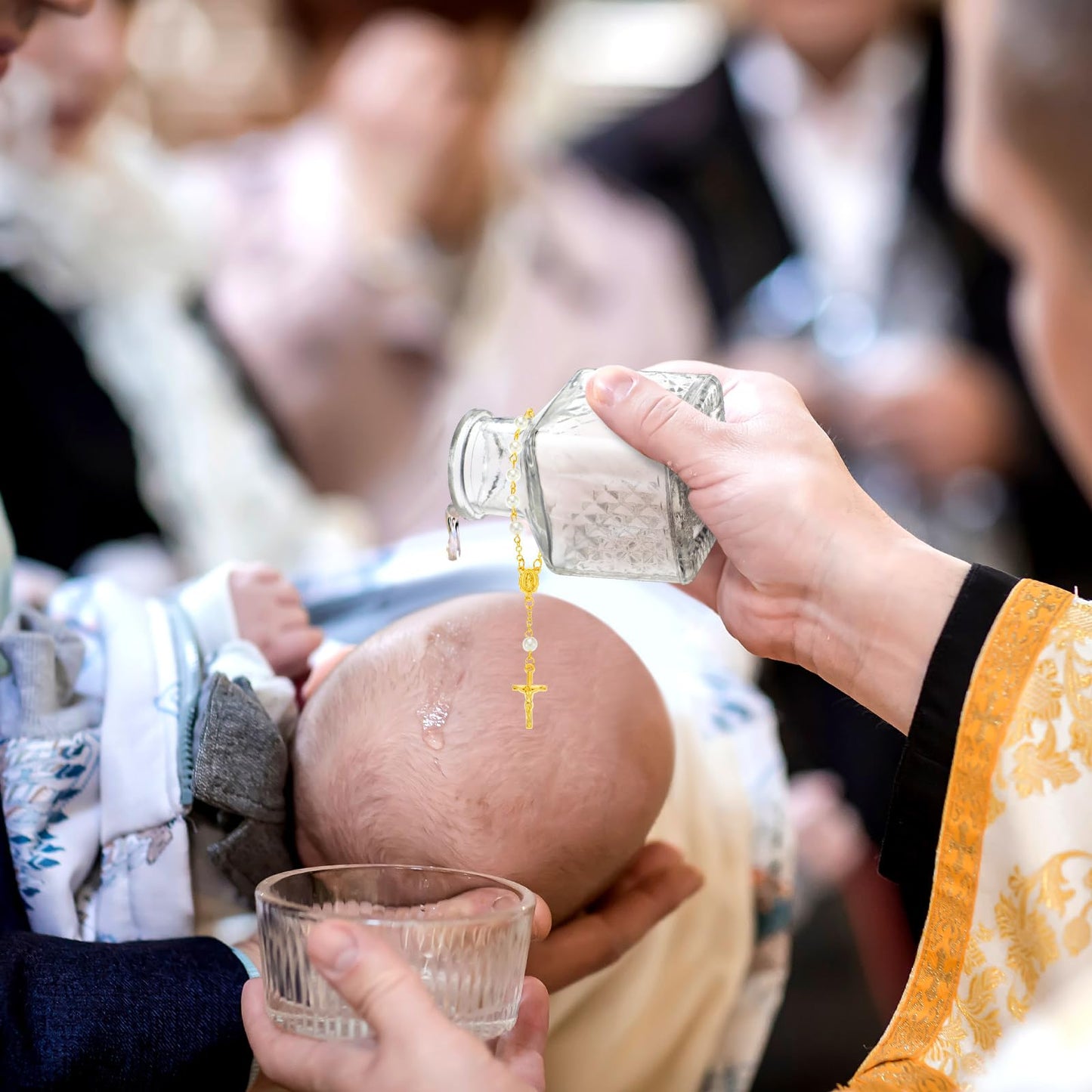Chuangdi 24 Sets Holy Water Bottles Baptism Favors for Guest Holy Water Container with Cross Rosary Organza Bag Bow 50ml Glass Empty Container for Communion Christian Wedding (Elegant,White)