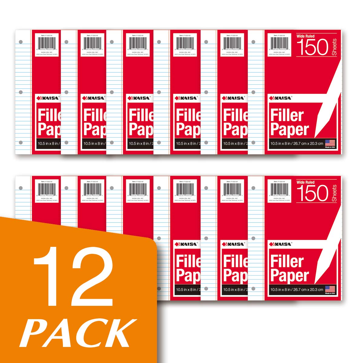 Kaisa loose Leaf Paper Filler Paper 1800 Sheets 8"x10.5",Wide Ruled, 3-Hole Punched for 3-Ring Binders, Carton of 12pack