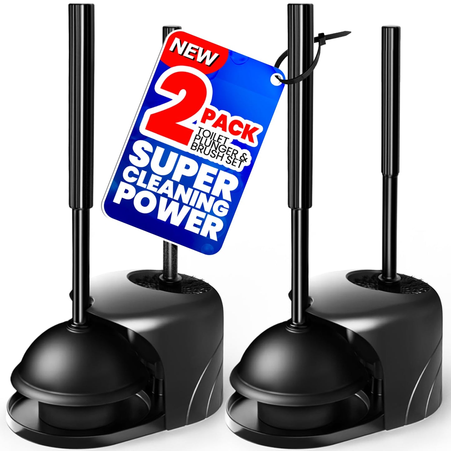 Denvlex 2Pack 2 in 1 Toilet Brush and Plunger Set, Extended Handle Plunger,Toilet Bowl Brush Plunger Set,Bathroom Cleaning Tools,Cleaning Brush,Toilet Brush Plunger Combo(Bright Black)