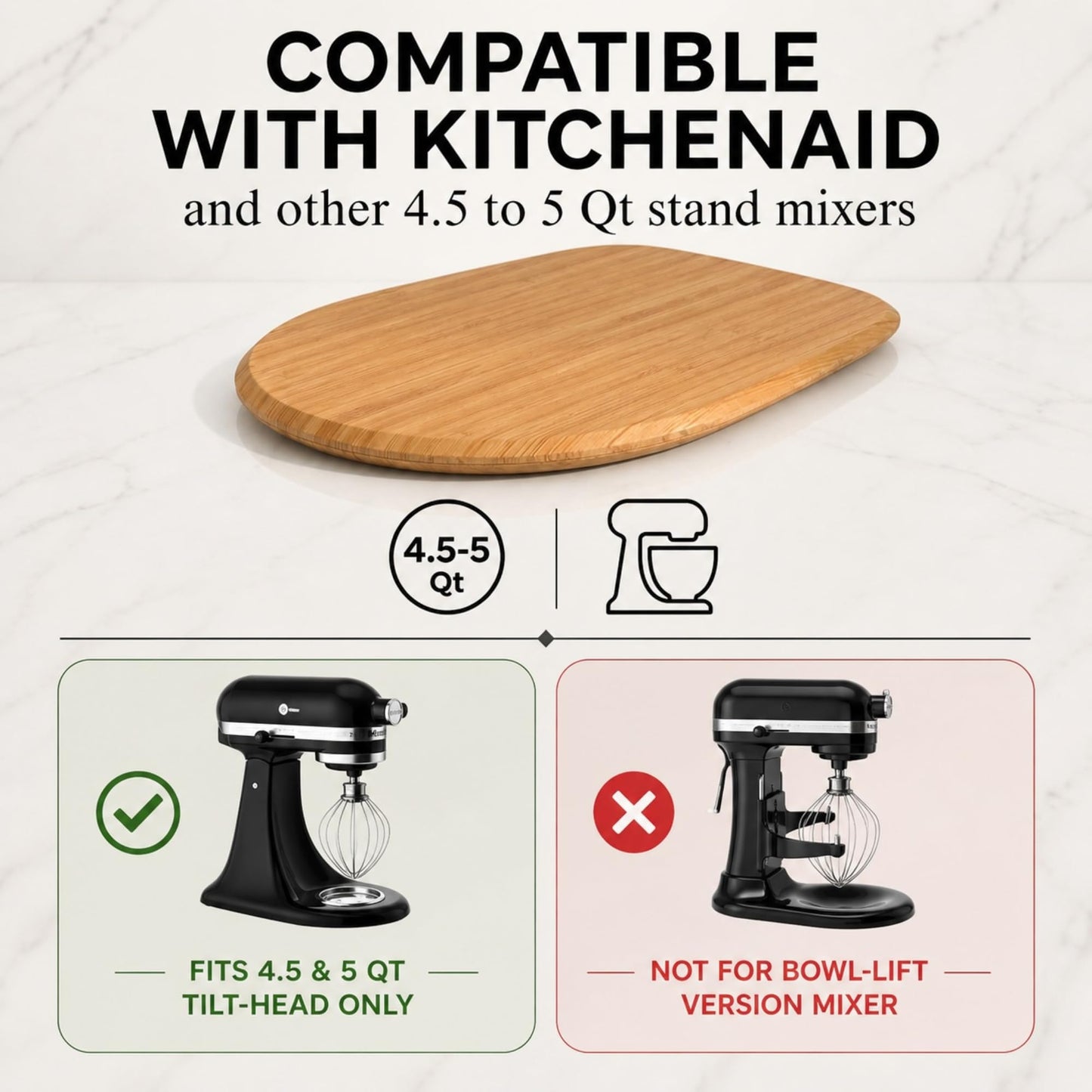Ibyx Premium Bamboo Mixer Slider for KitchenAid 4.5-5 Qt Tilt-Head Stand Mixer - Food-Grade Appliance Slider Mat for Kitchen Countertop Storage Accessories (Natural)