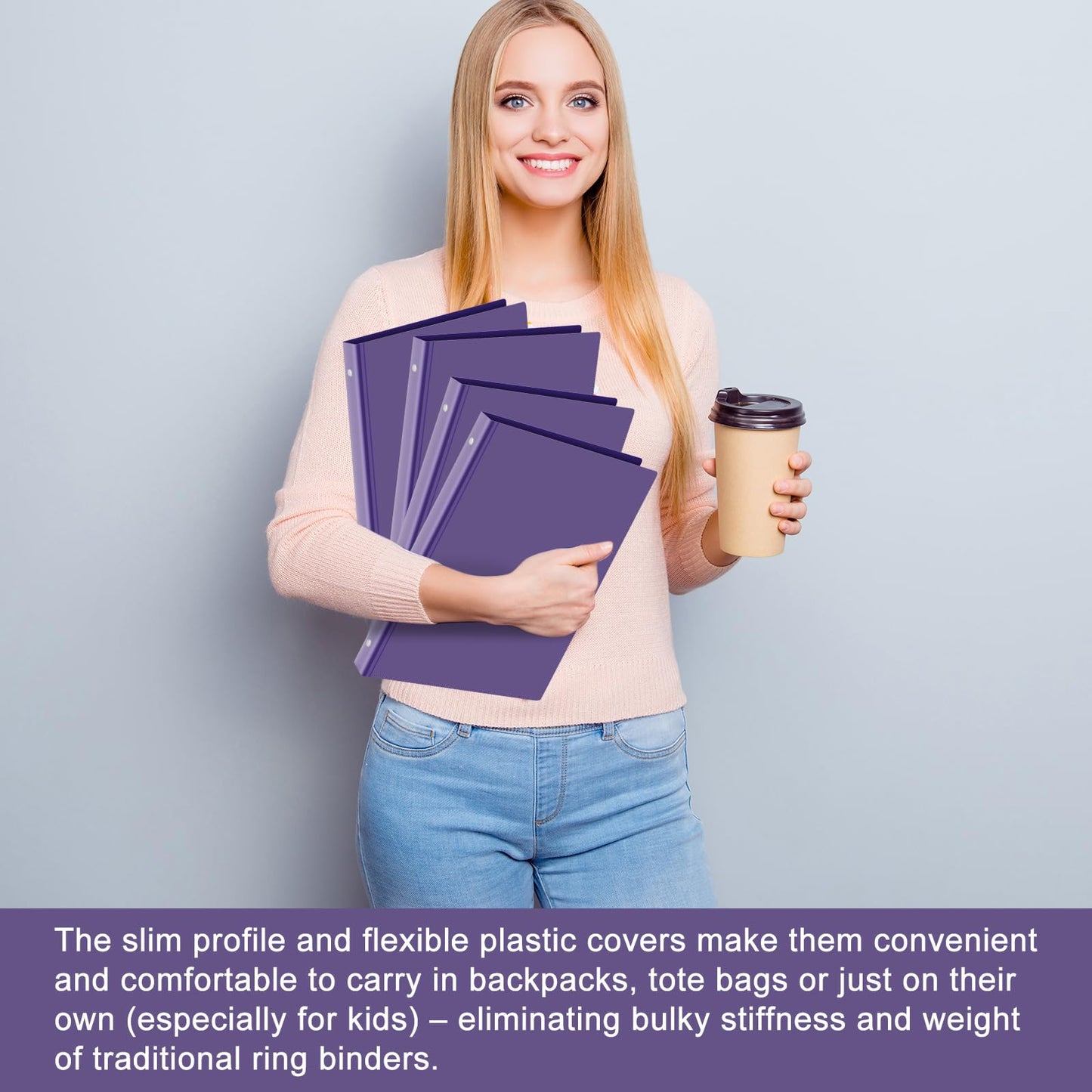 Fulmoon 12 Pcs Economy View 3 Ring Plastic Binder 12.2 x 9.8 Inch Plastic Round Ring Binders with Pockets Notebinder for Meetings for Home, Office, School(Purple, 1 Inch)