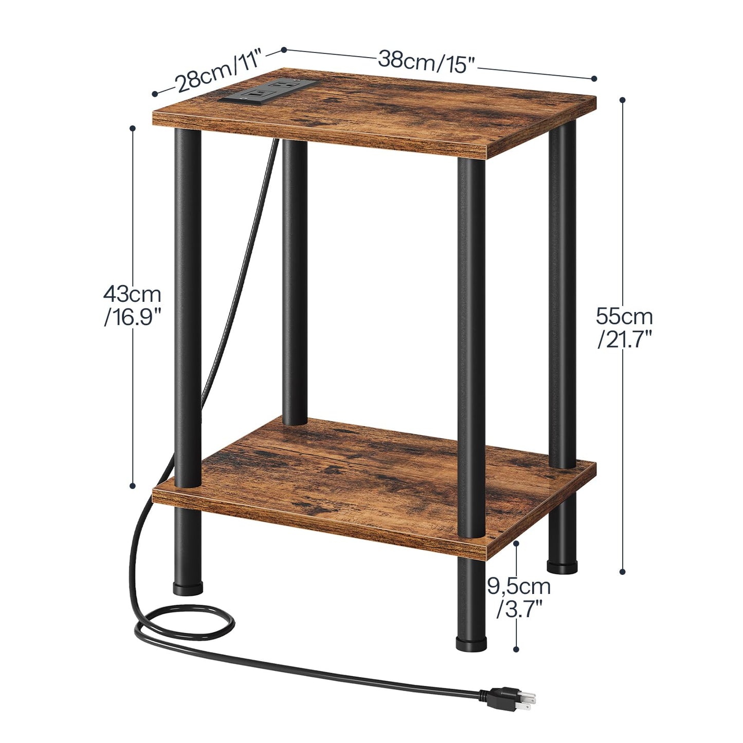 HOOBRO Side Table with Charging Station, Small End Table with USB Port and Outlet, Nightstand with 2-Layer Storage Shelves for Small Spaces, Living Room, Bedroom, Stable Frame, Rustic Brown BF09UBZ01