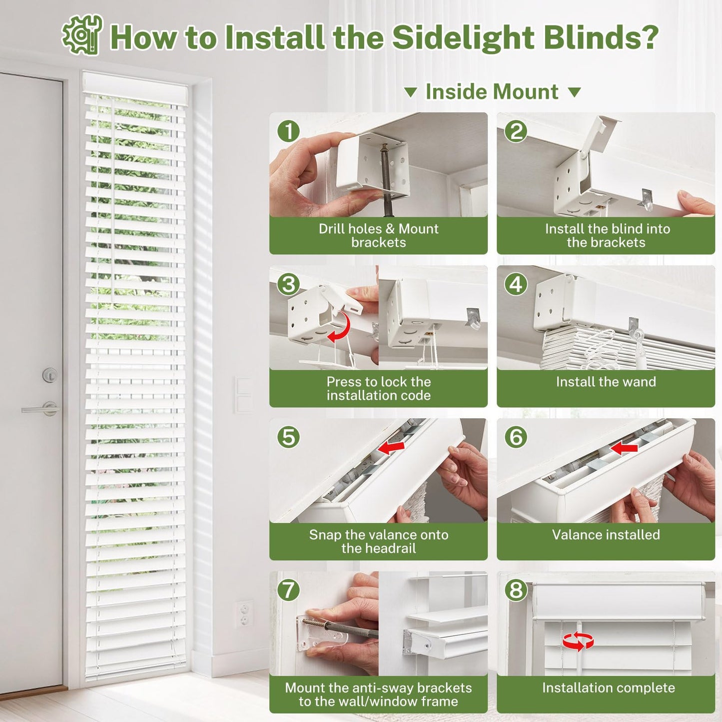 MiLin Cordless Sidelight Door Blinds 10"x 72" Horizontal Window Mini Blinds Faux Wood White Adjustable Tilt Wand Smooth, Privacy, Room Darkening Perfect for Sidelights & Front Door Entries 1 Pack
