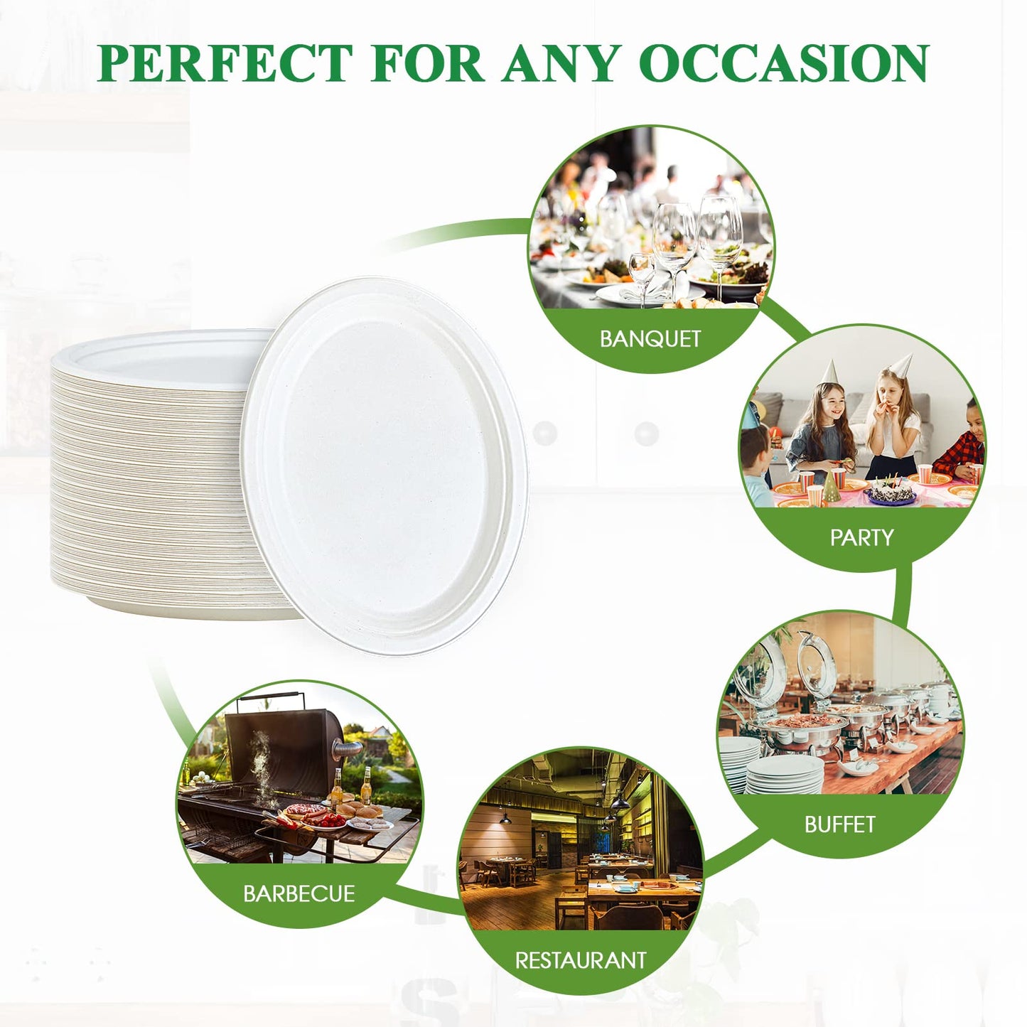 Vplus 100% Compostable Oval Paper Plates 12 inch 125 Pack Super Strong Disposable Paper Plates Bagasse Natural Biodegradable Eco-Friendly Sugarcane for BBQ, Party, Dinner, and Picnic