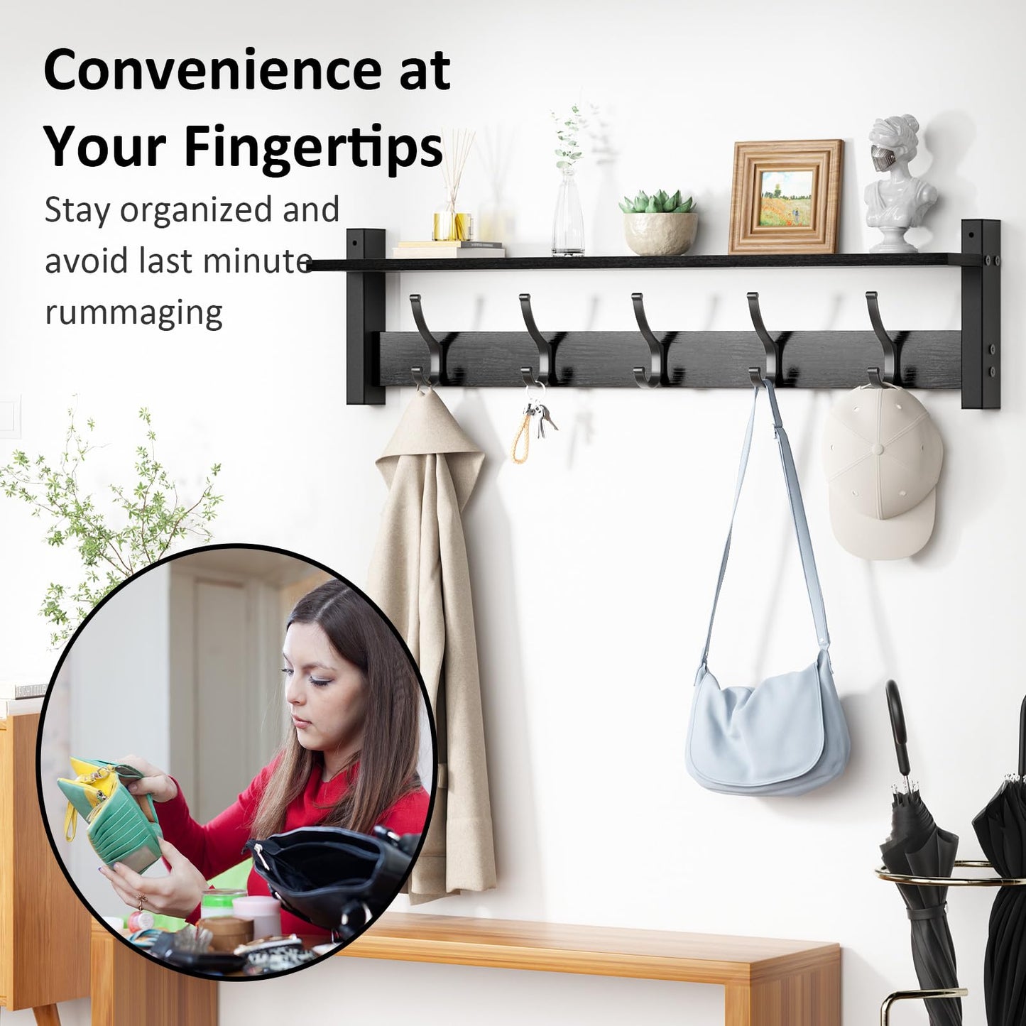 Optish Coat Rack Wall Mount with Shelf, 29 Inch Coat Hanger Walls Mounted, Hat Rack for Walls, Shelf with 5 Coat Hooks, Wall Hanger for Entryway (Black)
