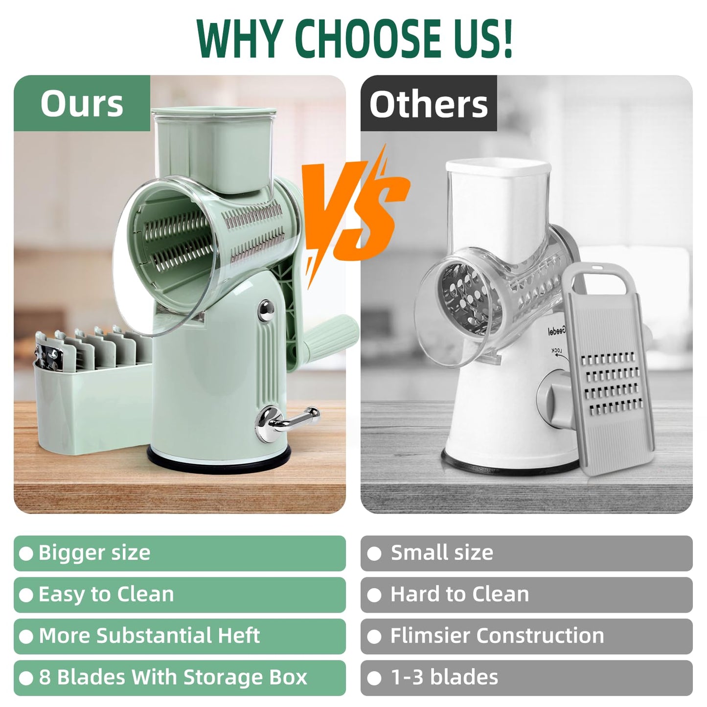 Rotary Cheese Grater with Handle, Vegetable Shredder with 5 Replaceable Blades & Strong Suction Base, Round Food Slicer & Chopper for Kitchen Fruit Vegetables Nuts with Blade Storage Box (Green)